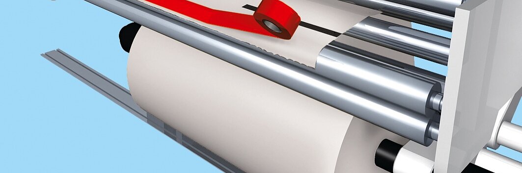 Close-up of a paper processing machine with a roll of white paper. A red lever is visible, partially covering the paper as it moves between metallic rollers. The background is a light blue.
