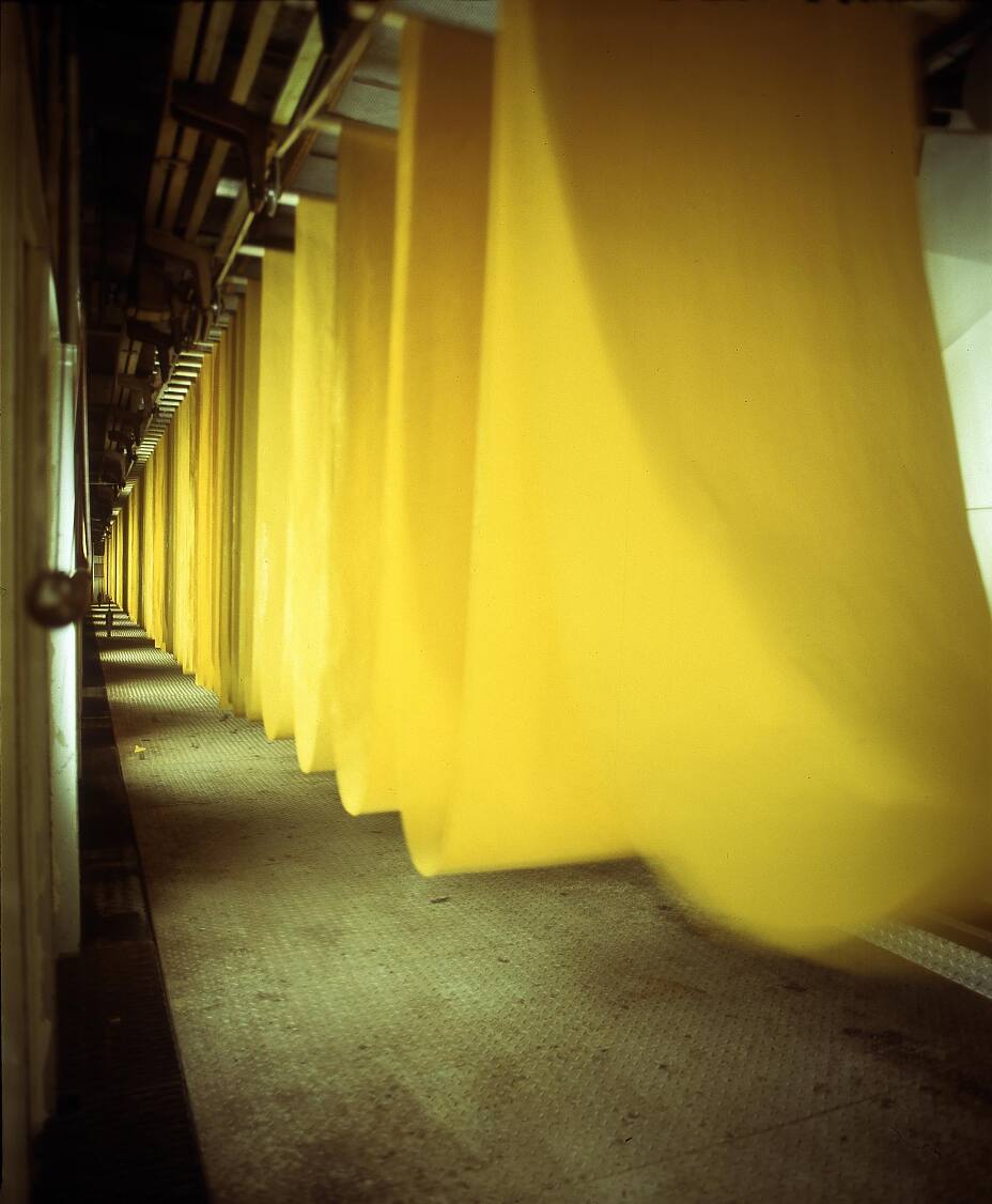 1979 年: 1200 米自粘胶带 在德莎位于汉堡市 Hausbruch 区的工厂,一台复杂的涂布装置投入运营,该装置可悬挂干燥 1200 米的胶带, 且可回收和重复利用所用溶剂,实现对废气的高效清洁。