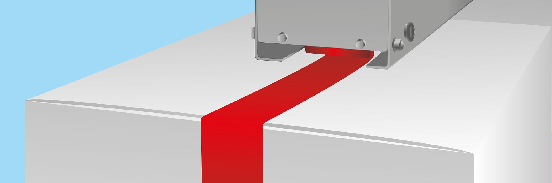 A gray machine dispenses a strip of red tesa tape onto a white surface against a light blue background. The tesa tape emerges from a rectangular slot in the machine.