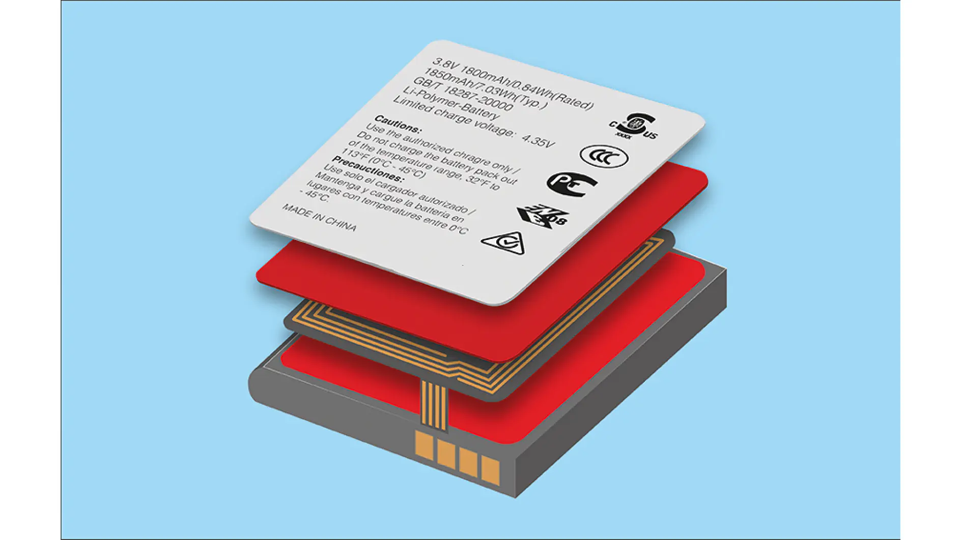Illustration of a lithium battery with layers separated. Top layer shows specifications: 3.8V, 1800mAh, 6.8Wh, and safety symbols. Other layers include red and circuitry components secured with tesa tape. Background is light blue. (This text has been generated by AI)