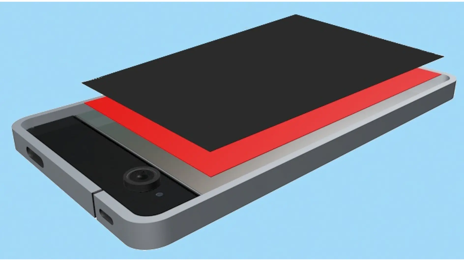 Cross-section illustration of a smartphone showing internal layers. The phone has a gray exterior with a camera lens. Layers include black, red, and other components, demonstrating its internal structure secured with tesa tape. Background is light blue. (This text has been generated by AI)