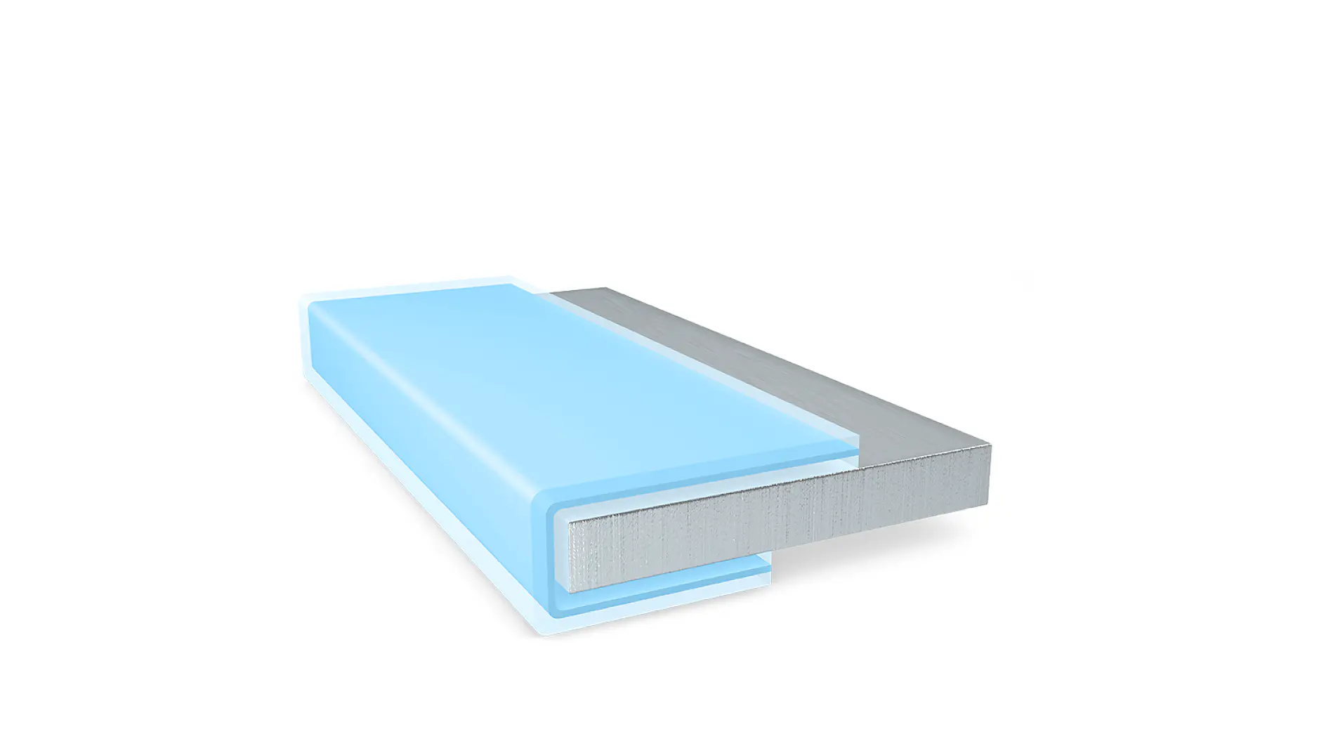 Cross-section illustration of a rectangular, blue material with a tesa tape layer on the top and right side. The blue part appears semi-transparent, while the tesa tape layer is opaque and reflective. The background is a plain gray. (This text has been generated by AI)