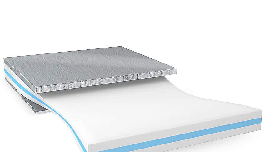 Image of a 3D rendering showing a layered structure with a top weathered wood-like layer, a middle tesa tape white layer, and a lower blue banded layer against a light blue background. (This text has been generated by AI)