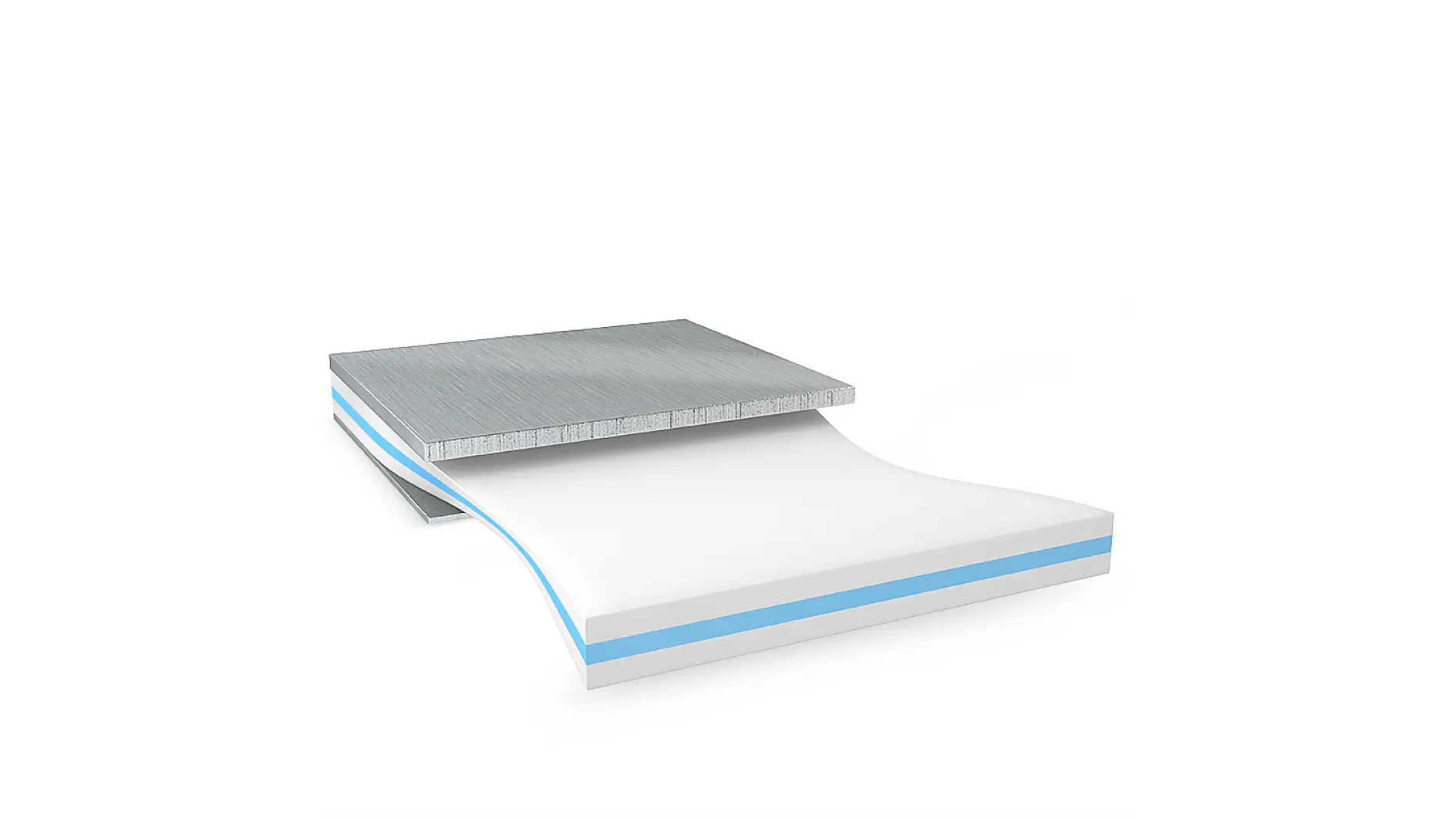 Image of a 3D rendering showing a layered structure with a top weathered wood-like layer, a middle tesa tape white layer, and a lower blue banded layer against a light blue background. (This text has been generated by AI)