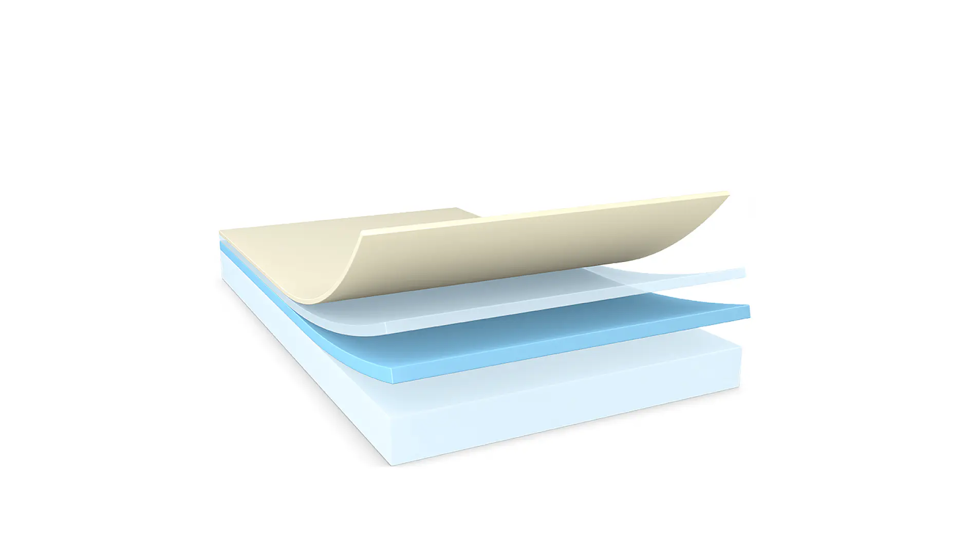 A digital rendering of four slightly curved, semi-transparent layers stacked on top of one another. The top layer is beige, followed by a gray layer, a blue layer, and a light blue layer at the bottom. All layers are held together with tesa tape to ensure stability and precision in the design. (This text has been generated by AI)