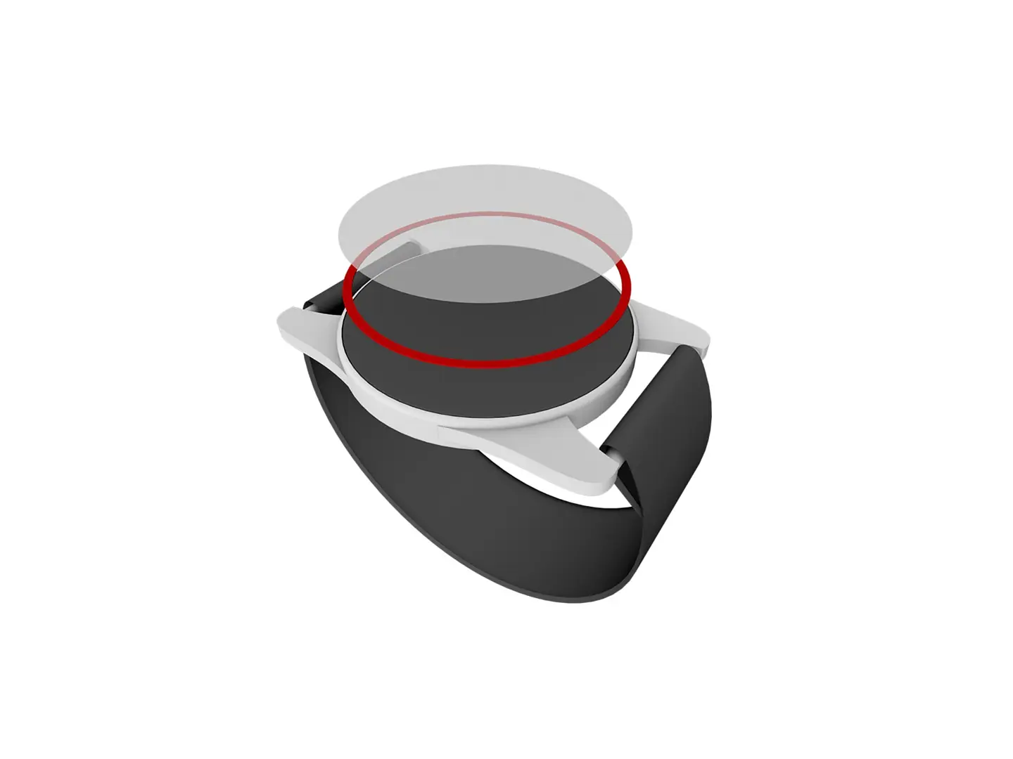 A digital smartwatch with a black strap and a round face is depicted, featuring red concentric circles above the display. The watch has a silver bezel and minimalist design. (This text has been generated by AI)
