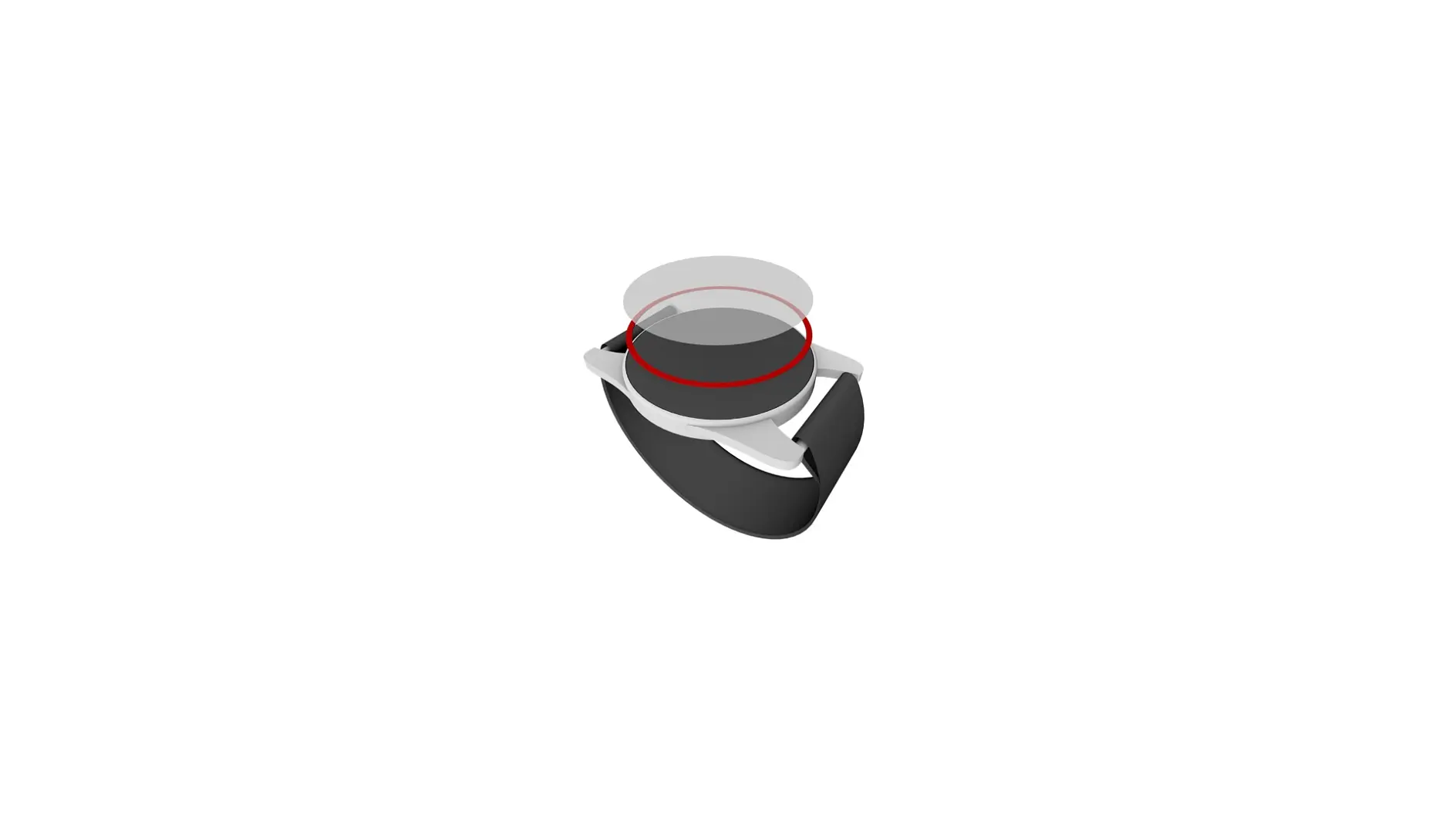 A 3D rendering of a ring with a black band and a circular, slightly transparent white top. A red line encircles the top section. The background is plain white. (This text has been generated by AI)