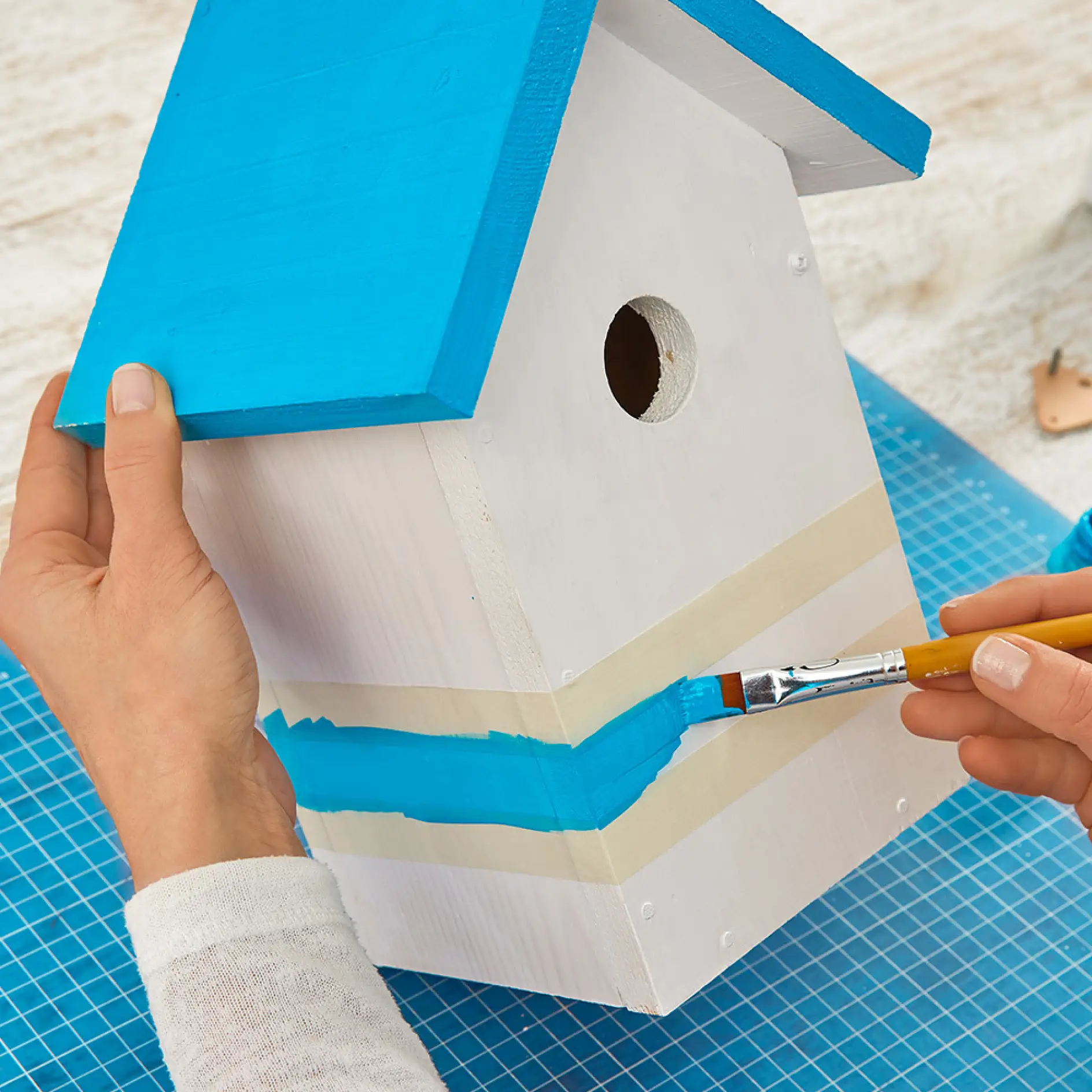 制作木制鸟巢时，对设计区域涂上蓝色漆。