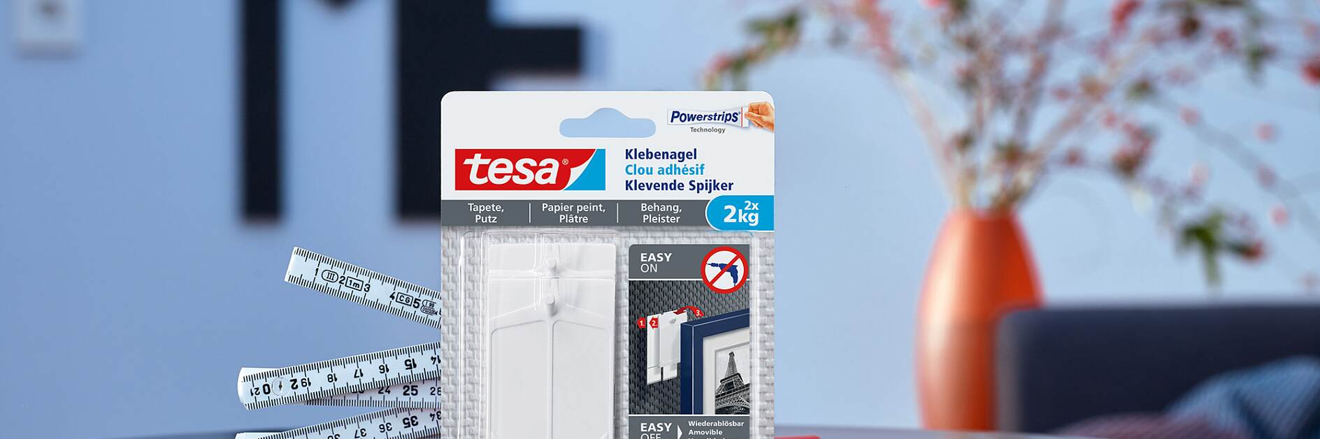使用tesa®墙纸与石膏用无痕挂钉（0.5公斤）的方法。