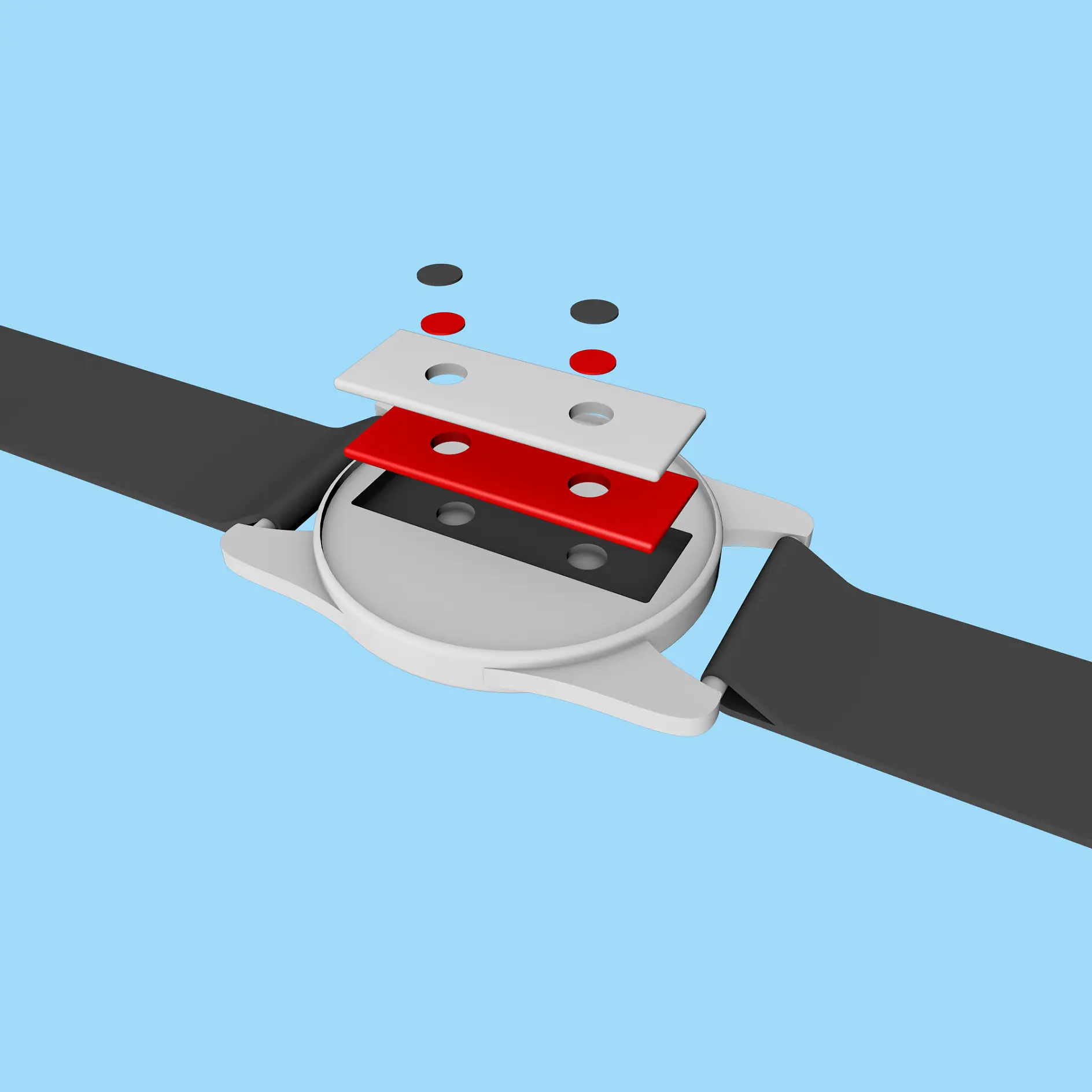 A watch with an exploded view showing its internal layers against a light blue background. The image depicts a black strap, a gray watch case, and several colored layers and small circular pieces above the case, all held together by tesa tape. (This text has been generated by AI)