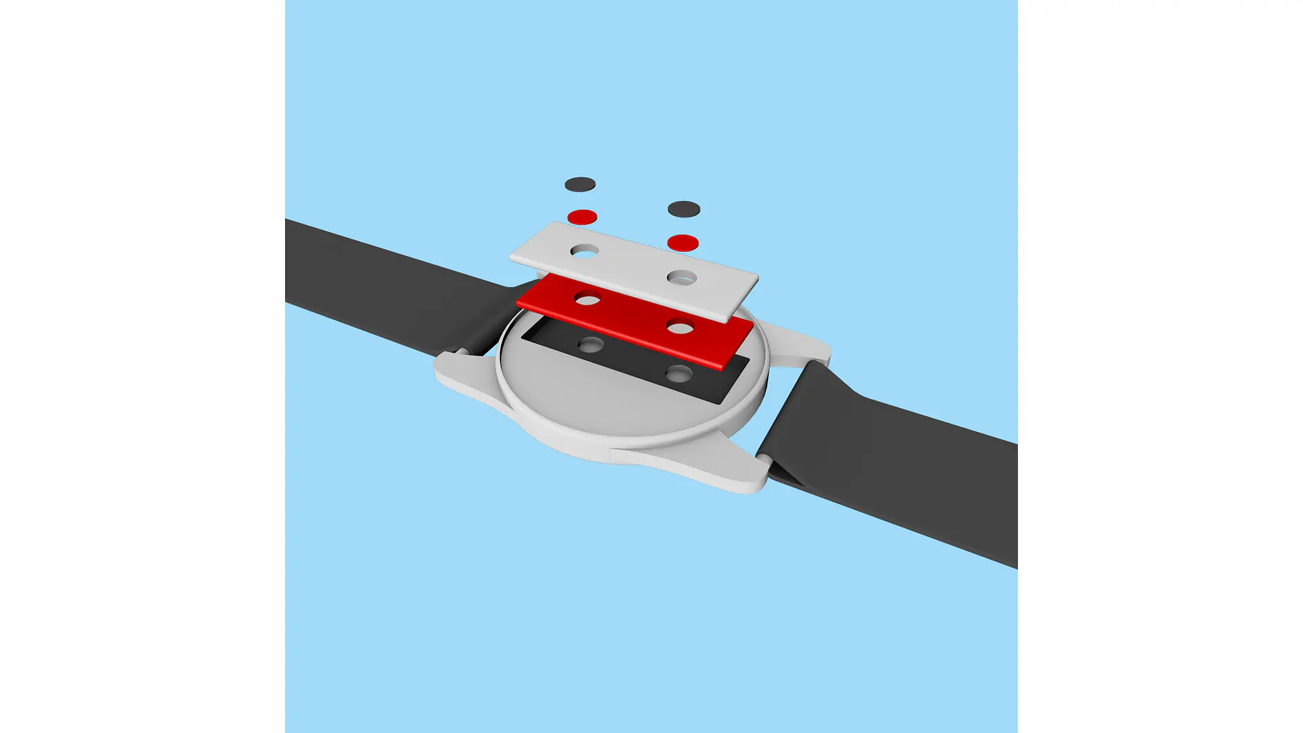A watch with an exploded view showing its internal layers against a light blue background. The image depicts a black strap, a gray watch case, and several colored layers and small circular pieces above the case, all held together by tesa tape. (This text has been generated by AI)