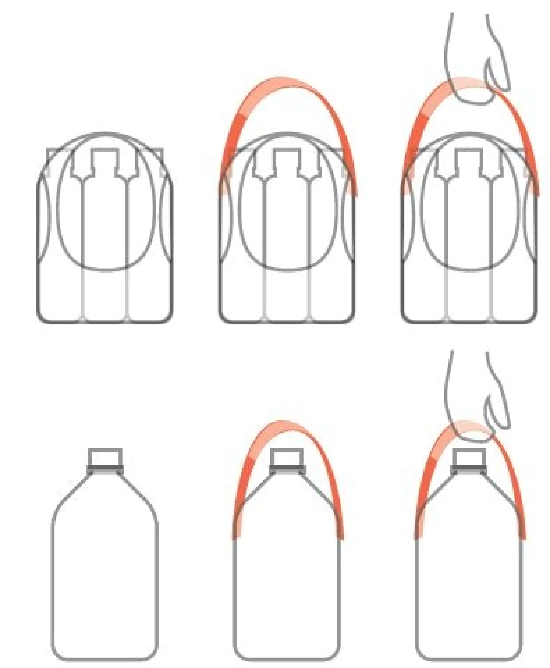 Illustration showing a sequence of steps for carrying a six-pack of bottles. The top row presents a hand lifting a plastic ring carrier horizontally. The bottom row depicts sidelong bottle carrying with a single flexible strap made with tesa tape. (This text has been generated by AI)