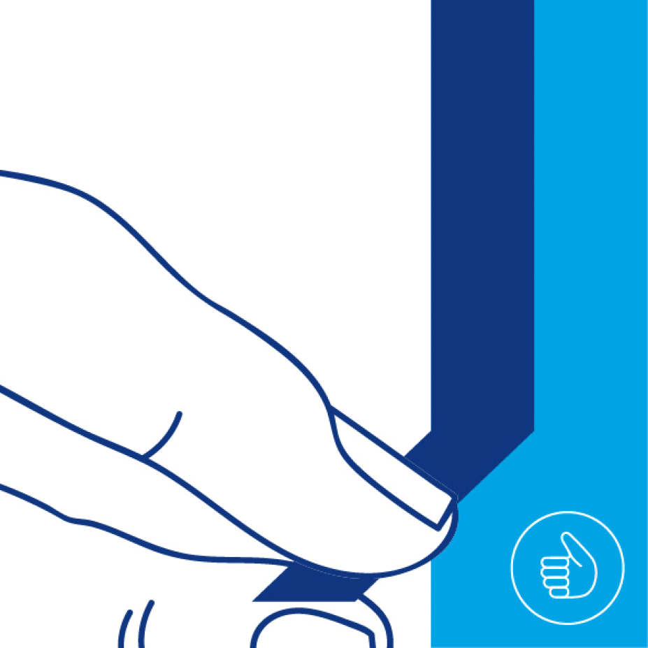 Illustration of a hand holding a narrow, dark blue rectangle. A thumbs-up icon in a circle is shown in the bottom right corner against a light blue background with tesa tape branding.