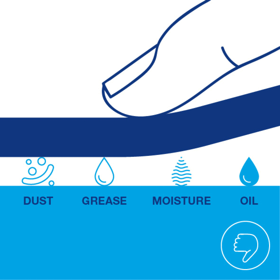 Illustration of a finger touching a surface, with icons and words below: dust, grease, moisture, and oil, depicted as droplets and particles. A hand with a thumbs-down symbol appears in a circle on the lower right corner. In the background is an image of tesa tape highlighting the negative aspects of these contaminants for effective adhesion.