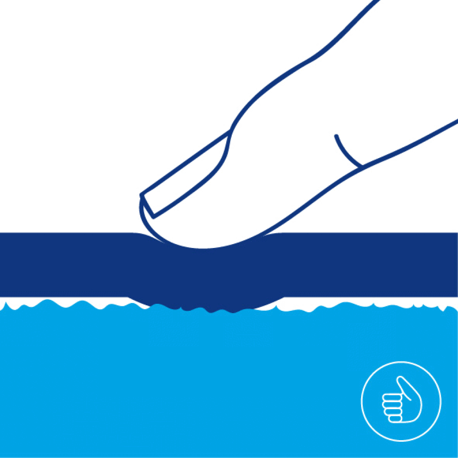 Illustration of a finger pressing down on a blue surface with tesa tape, causing an indentation. Below is a stylized blue water layer. A thumbs-up icon is in the bottom right corner.