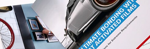 An open brochure displays two pages. The left page features a photo of a bicycle wheel and reads, The future of mounting starts now. The right page shows a close-up of a car with the text, Ultimate bonding with heat activated films using tesa tape. (This text has been generated by AI)