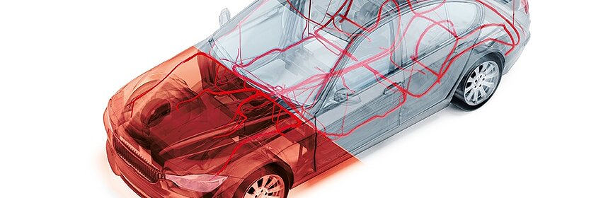 A diagram of a transparent car shows internal wiring systems, with the front section highlighted in red. The image depicts how the vehicles structure and components are secured using tesa tape for assembly and maintenance. (This text has been generated by AI)