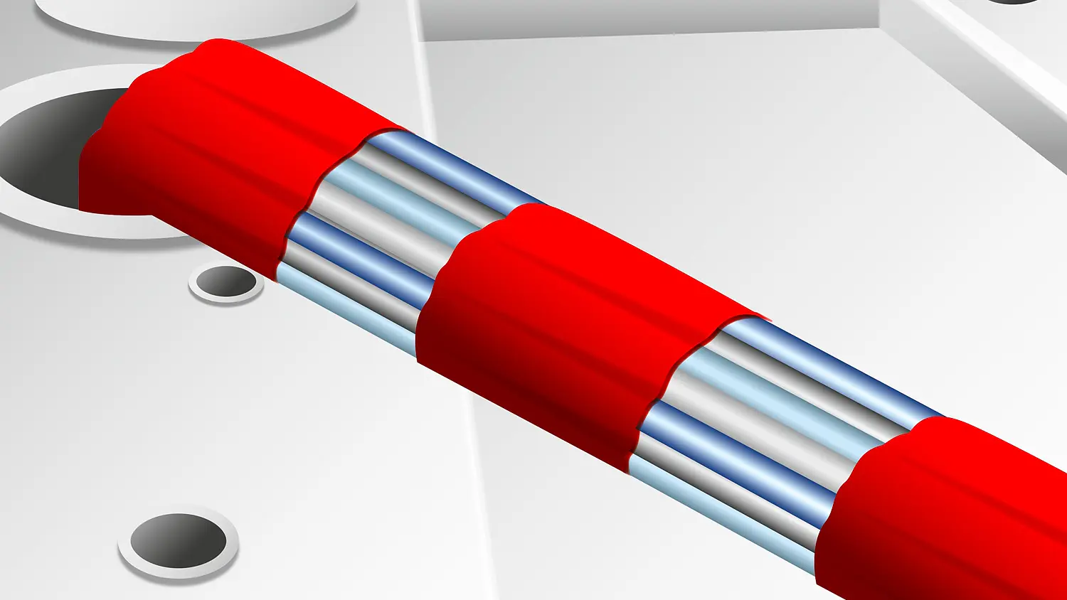 Close-up illustration of a red cable with exposed metal cores at its ends, secured with tesa tape through a gray surface with circular cutouts, depicting a technical or electronic concept.