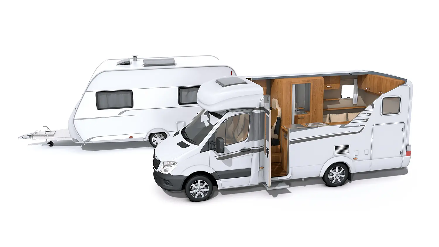 The image shows a white motorhome with an open side door, revealing a wooden interior with a kitchen and seating area. In the background, a white caravan is attached, featuring windows and a side door. (This text has been generated by AI)