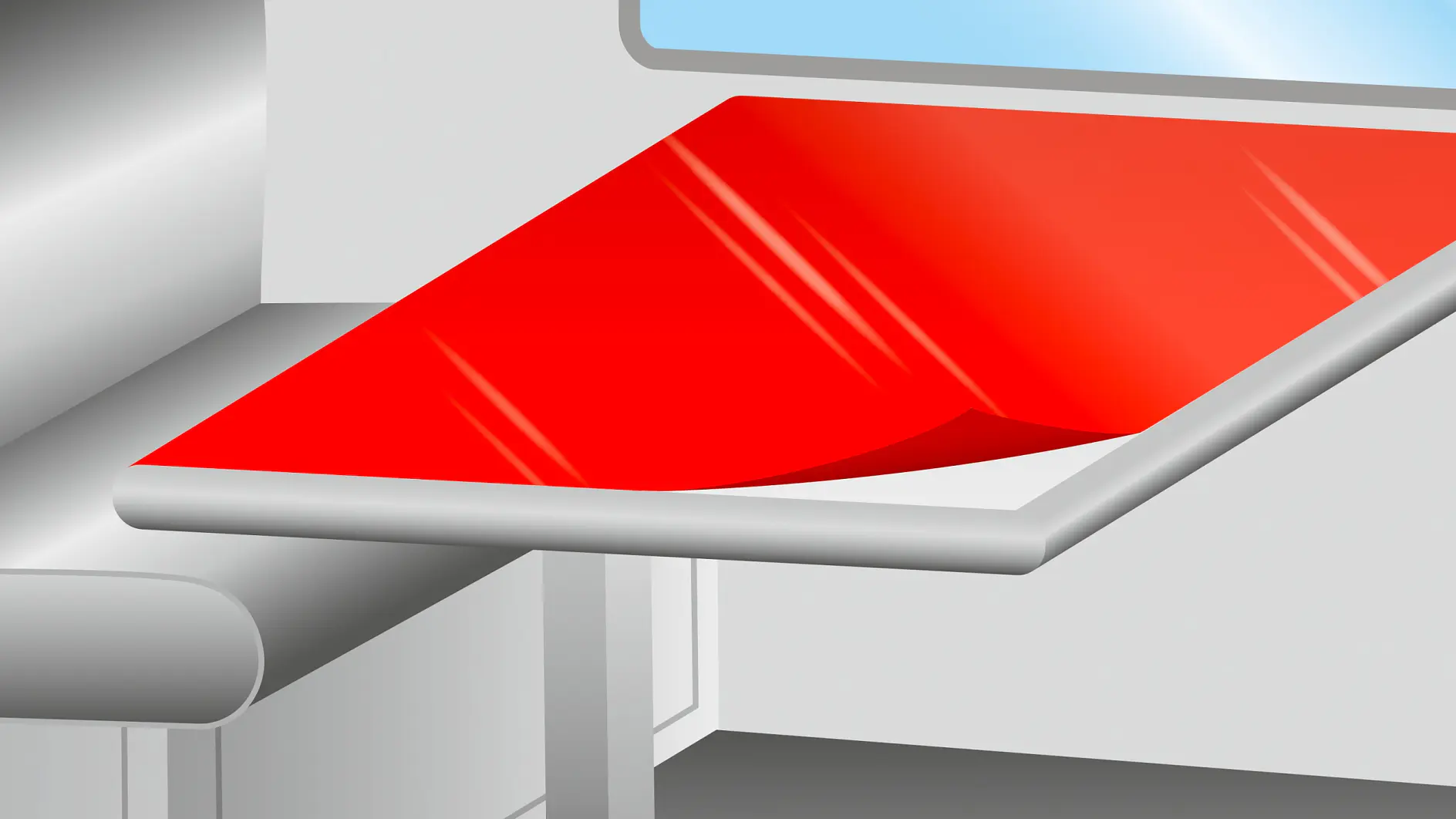 A modern interior scene features a gray bench positioned next to a table adorned with a red glossy tablecloth that is partially pulled back using tesa tape. Above the table, theres a large rectangular window offering a view of the blue sky.
