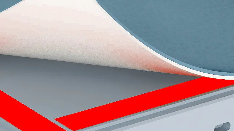 A close-up illustration of a board with a layer being peeled back. The board appears to have two red strips of tesa tape beneath the top layer. The edges are gray with two oval slots. The background is a textured blue.
