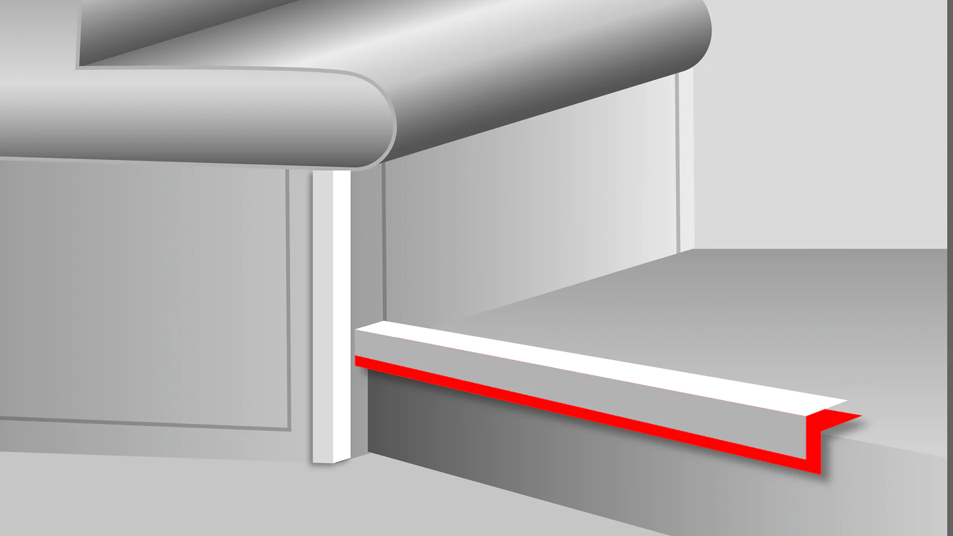 Illustration of a cross-section view showing a chair intersecting a wall with a red and white lip protruding from the base, resembling a staircase. The design highlights the structure and base positioning.
