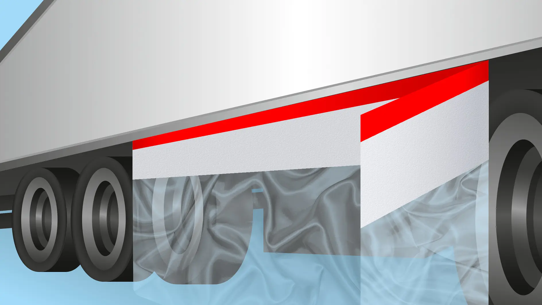 Illustration of a trucks side guard with a red and white geometric design. The background features a blue gradient, and the wheels and undercarriage are visible with a translucent effect.