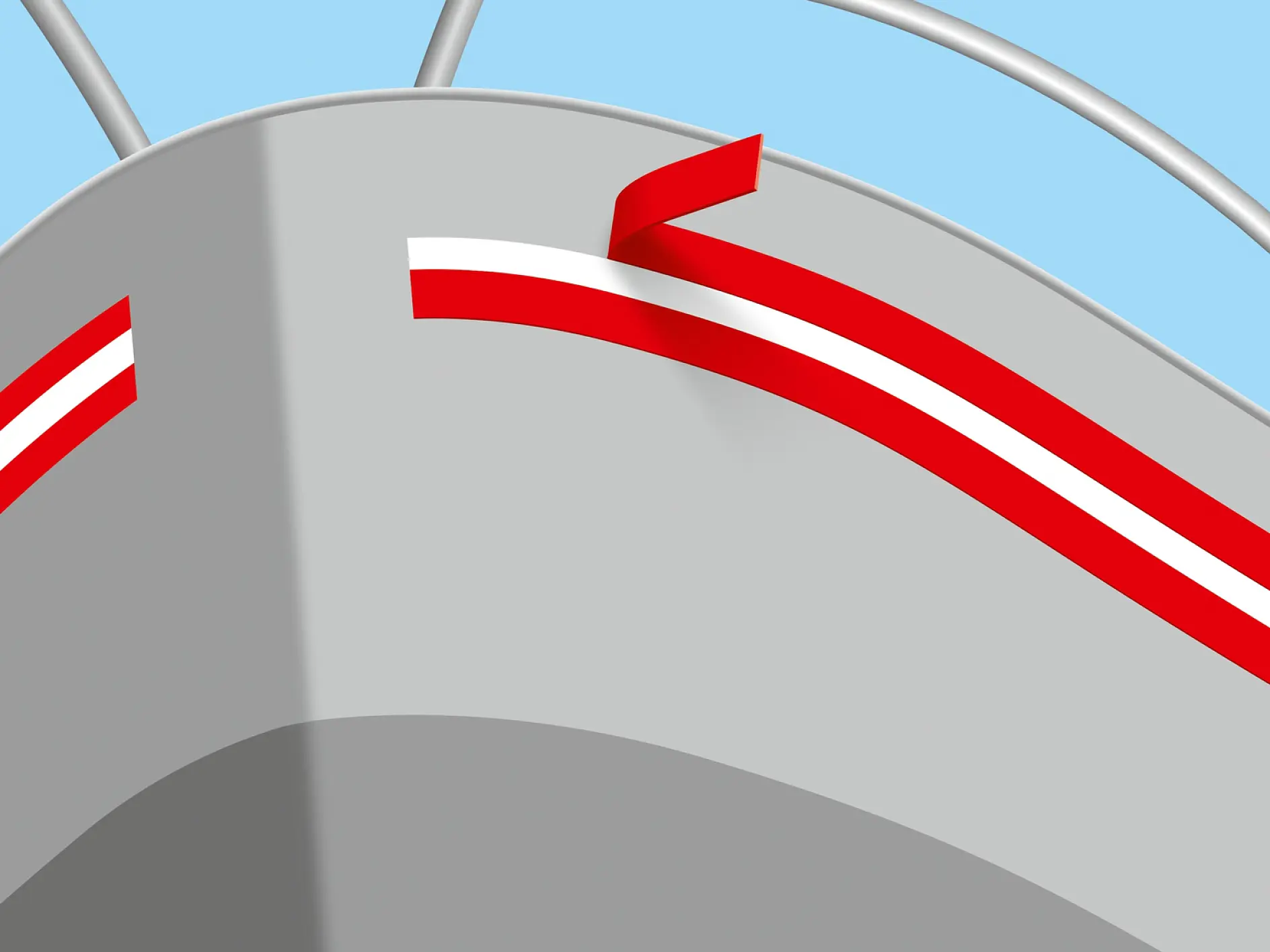 Close-up of a gray boats bow with a red and white stripe along the side. A loose end of the stripe is seen, giving a partially peeled appearance, secured by tesa tape. The boat is set against a clear blue sky. (This text has been generated by AI)