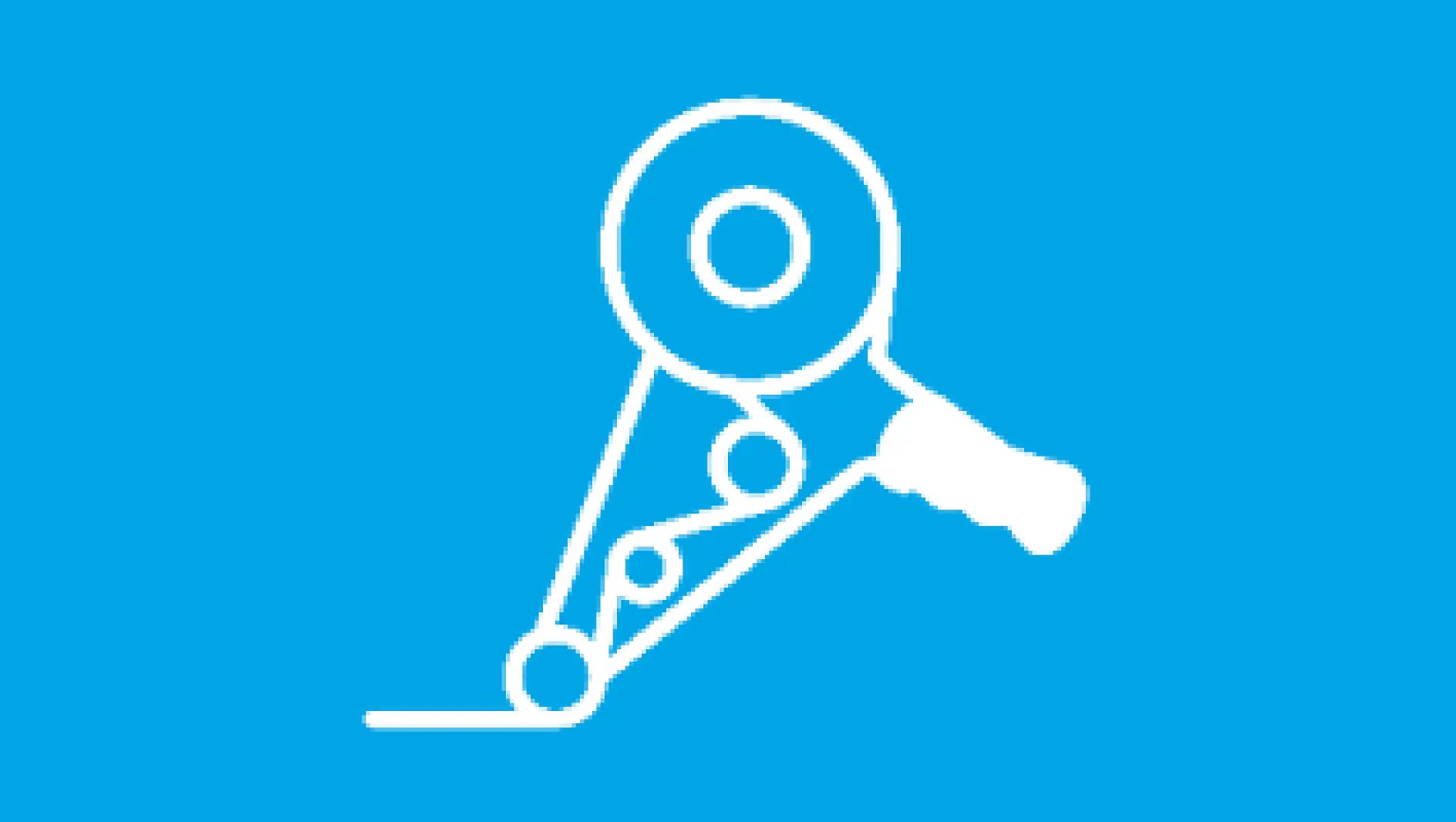 Illustration of a handheld tesa tape dispenser with cutting blade shown in white on a blue background. The design highlights the tools components, including the circular tesa tape roll and handle.