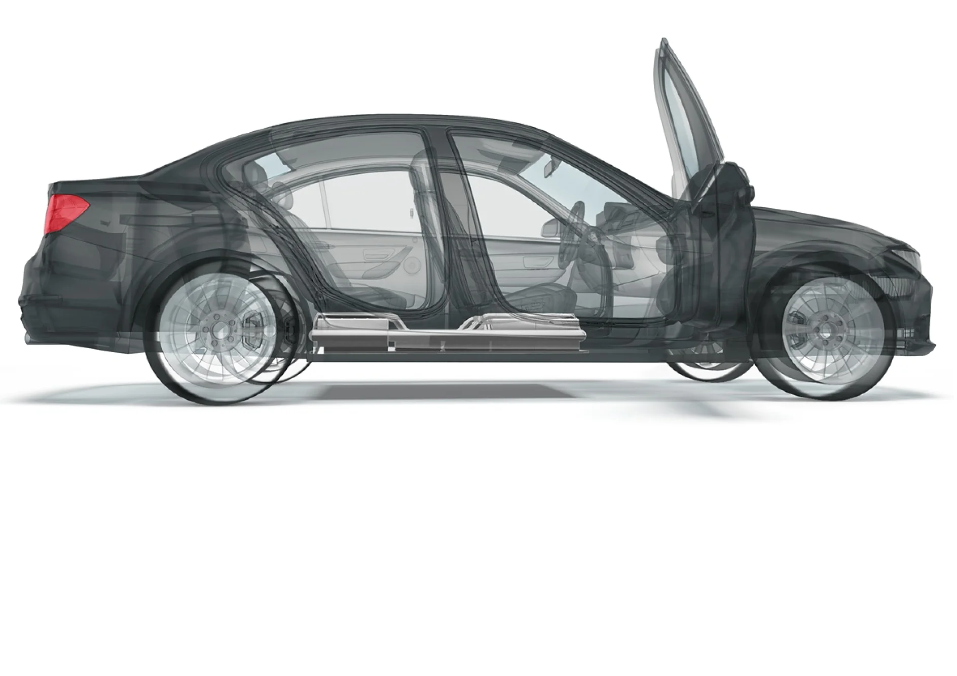 X-ray style image of a sedan car, displaying a transparent outer body with visible interior components and an open front passenger door. Features include seats, steering wheel, and a partially visible battery pack located beneath the floor. (This text has been generated by AI)