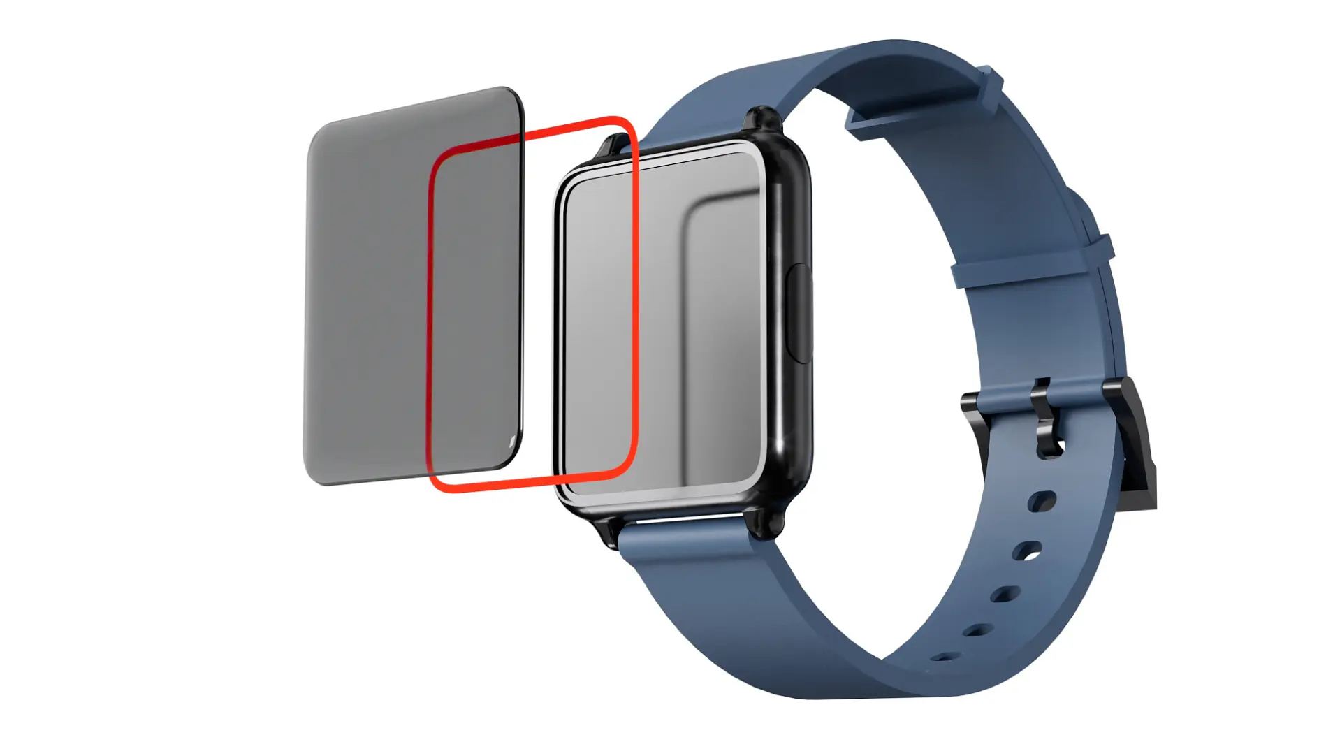 Illustration of a disassembled touchscreen, showing layers including a transparent protective surface adhered with tesa tape, a grid of red and silver lines representing electrical components, and connector wires on a light blue background. (This text has been generated by AI)