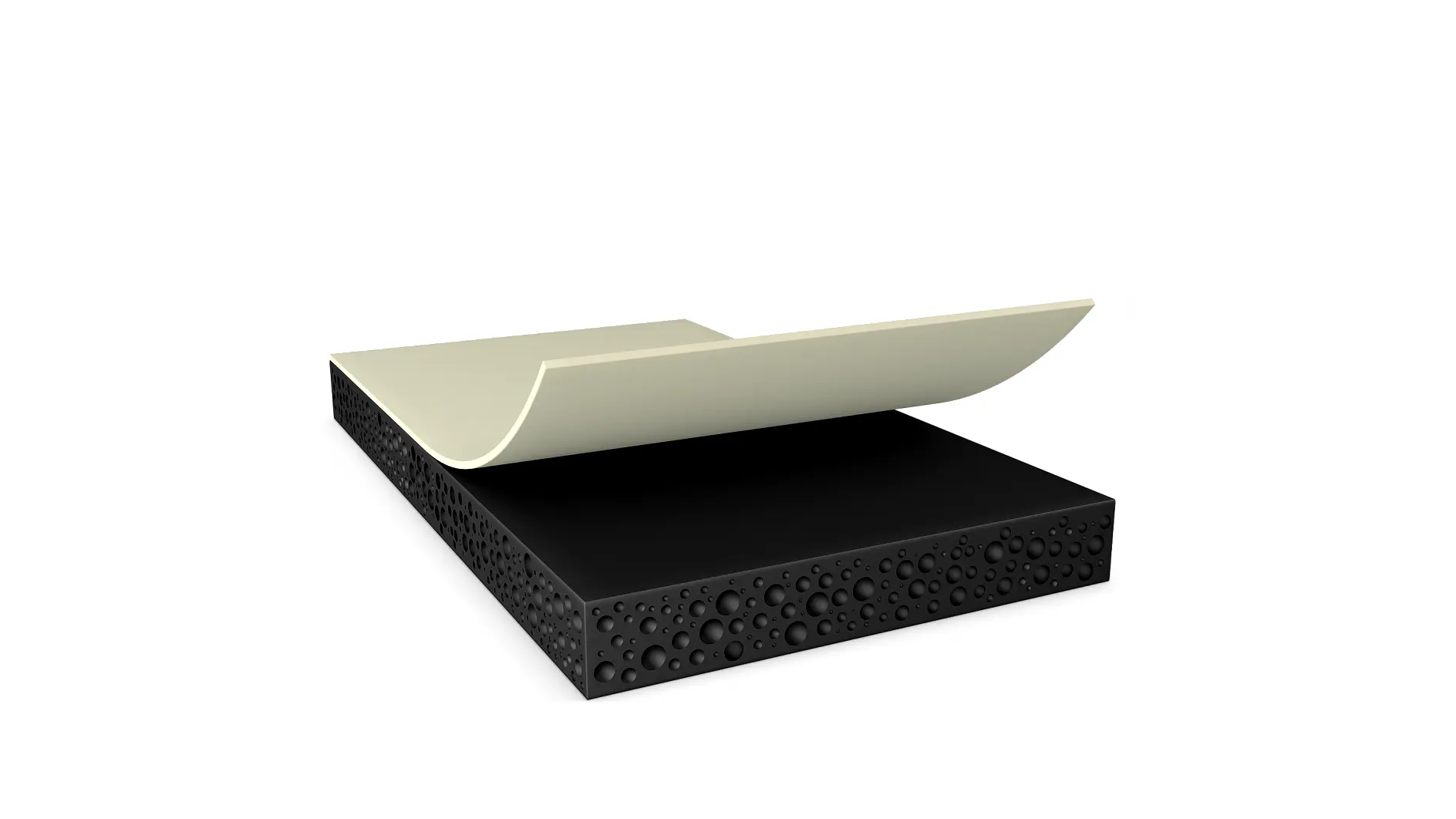 Illustration of a cross-section of layered material. The bottom layer is black with bubble-like textures, and the top layer is smooth and cream-colored, partially curled to show the layers distinctively. (This text has been generated by AI)