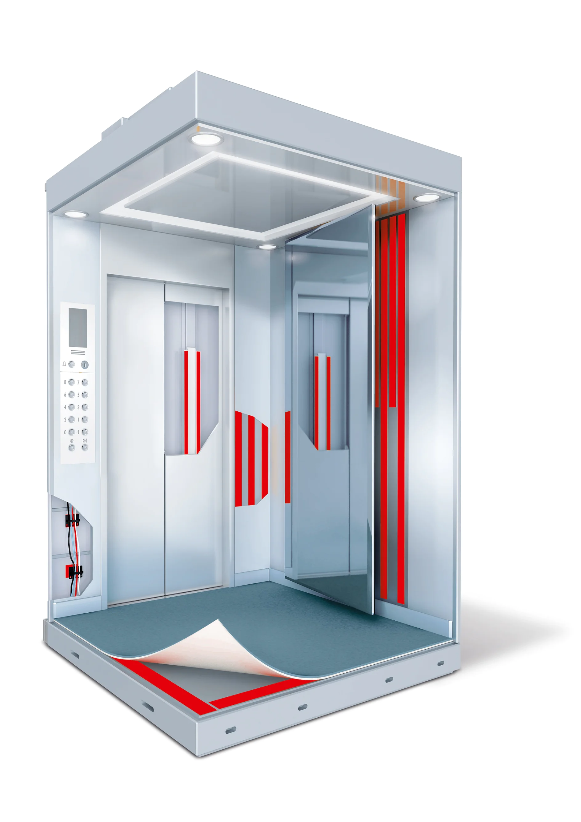Illustration of a modern elevator cabin with silver walls and red accents on the door panels. The interior features overhead lighting, a control panel with buttons, and a blue-gray floor. The walls are partly transparent, showing the structure secured with tesa tape. (This text has been generated by AI)