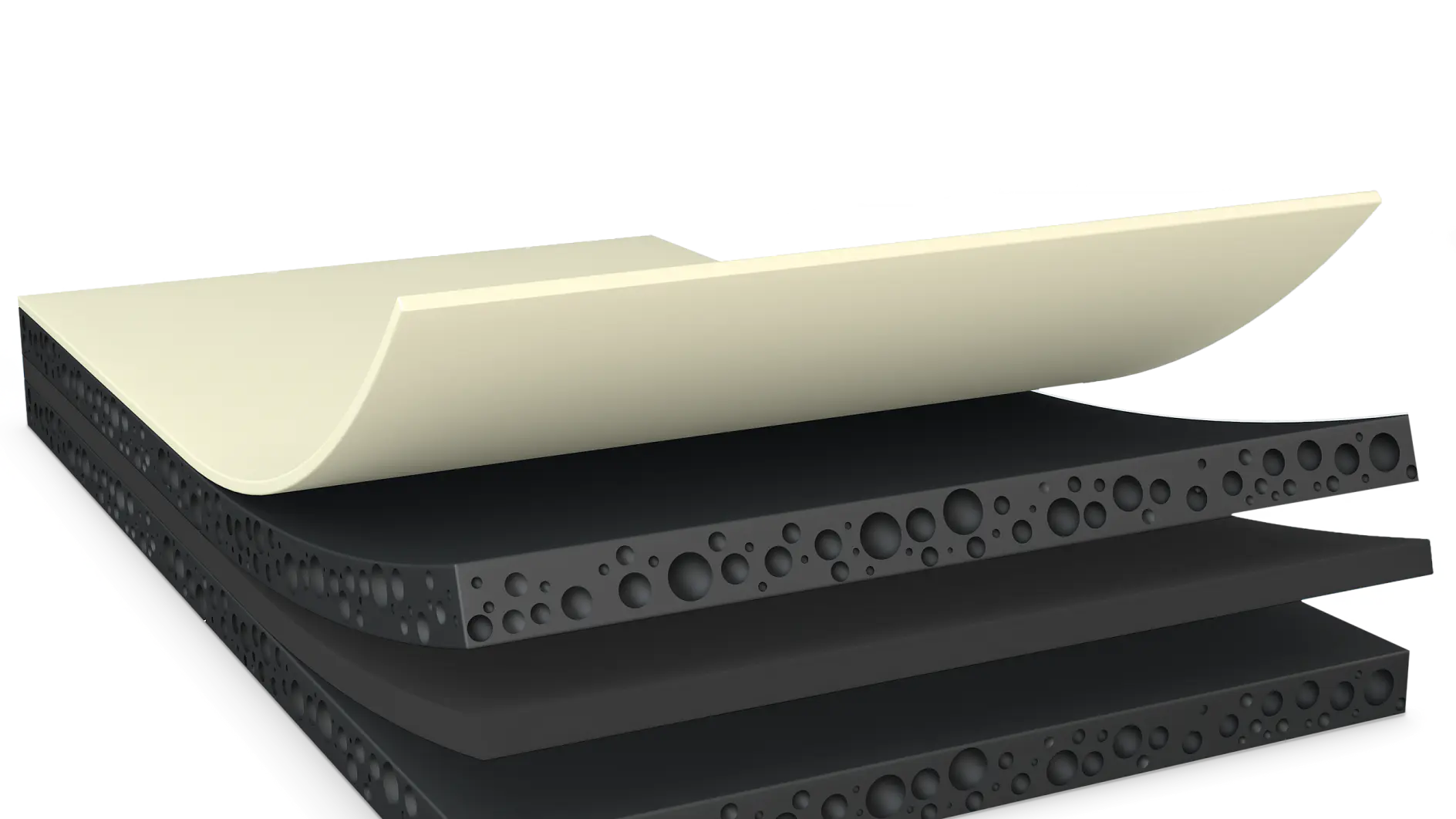 A 3D illustration depicting a cross-section of layered materials. The top layer is a smooth beige sheet, followed by textured black layers with circular indentations. Between these layers, tesa tape is used to provide adhesion and support, maintaining the neat arrangement and highlighting their different textures. (This text has been generated by AI)