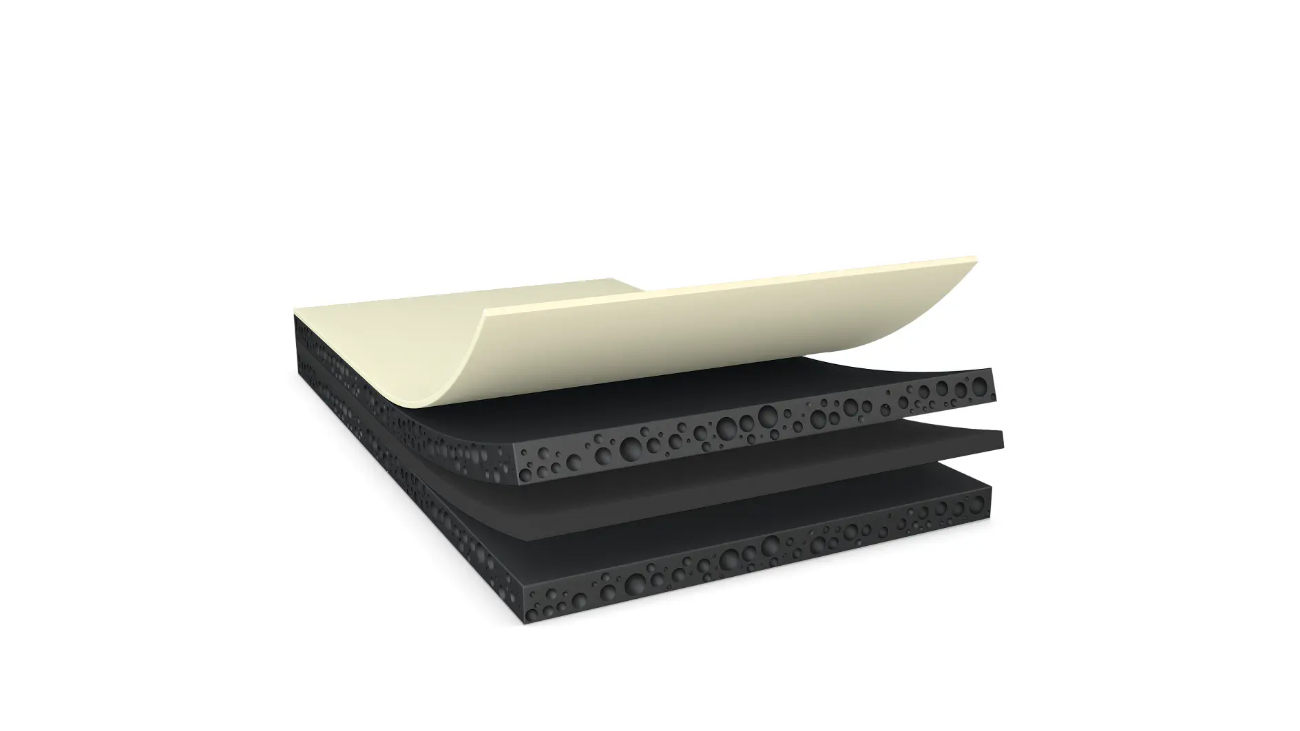 A 3D illustration depicting a cross-section of layered materials. The top layer is a smooth beige sheet, followed by textured black layers with circular indentations. Between these layers, tesa tape is used to provide adhesion and support, maintaining the neat arrangement and highlighting their different textures. (This text has been generated by AI)