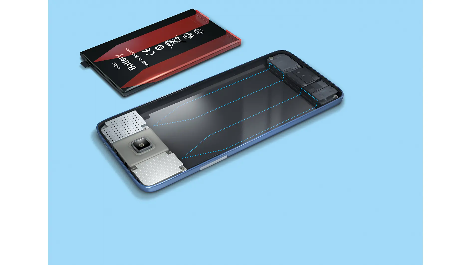A smartphone with back cover removed, showing internal components including camera and battery compartment. A red and black battery is placed next to the phone on a light blue background, along with some tesa tape used for securing loose parts. (This text has been generated by AI)