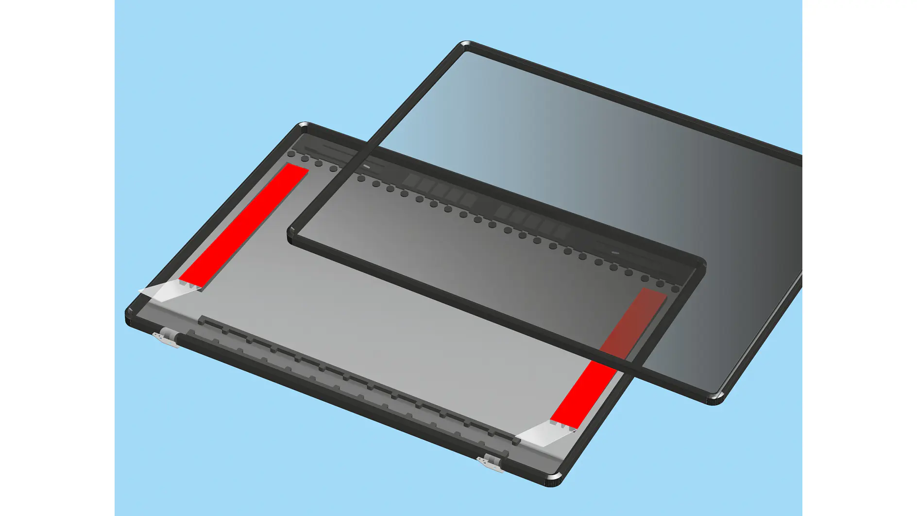 An illustration of a laptop in two detached sections: the screen and the base. The screen is raised above the base, revealing internal components with red areas visible, against a light blue background. (This text has been generated by AI)