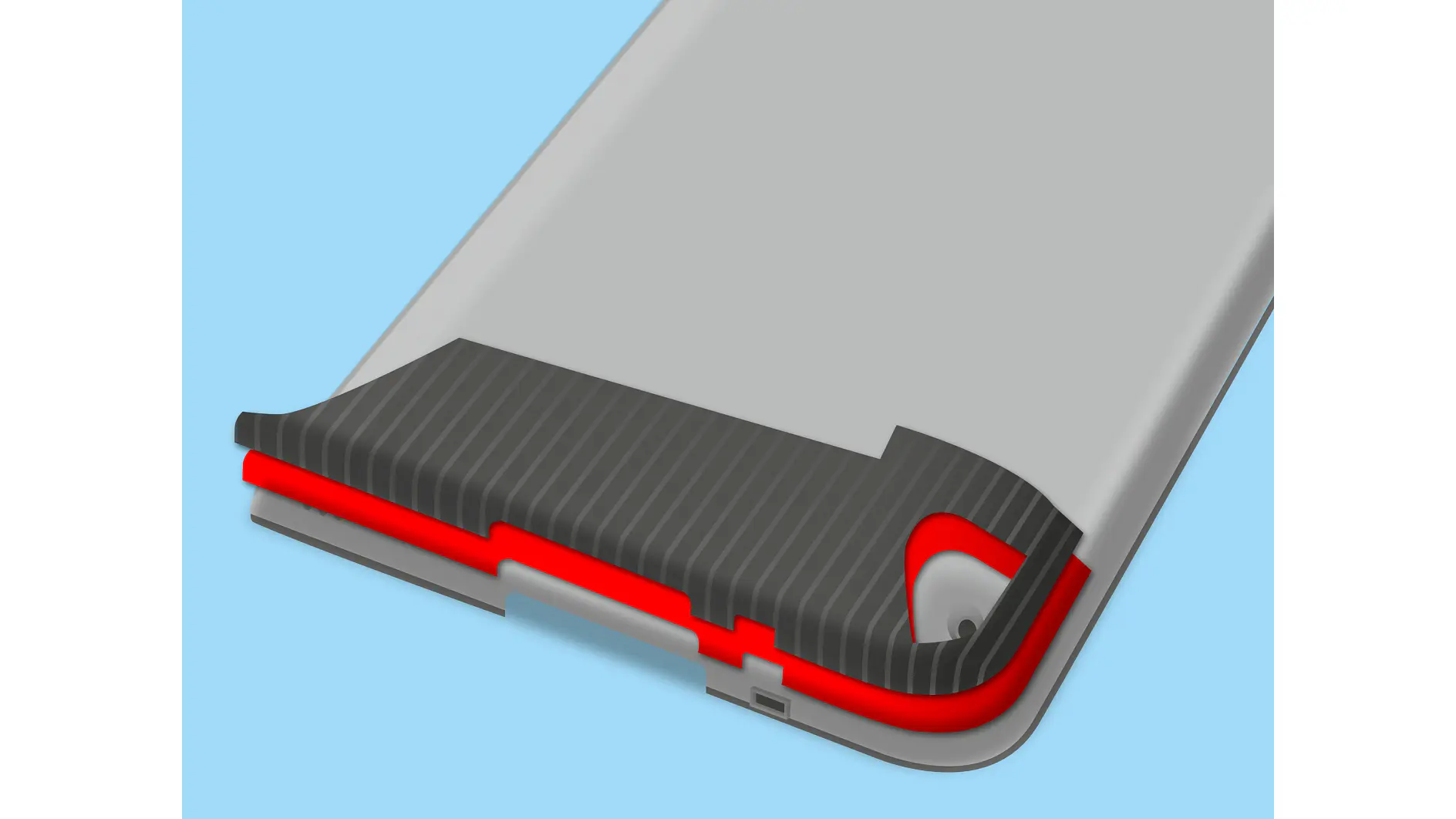 The image shows a close-up of a gray and black phone case with a red outline, designed for a device with a rear camera. The case is partially peeled back to reveal its layered construction using tesa tape. The background is light blue. (This text has been generated by AI)