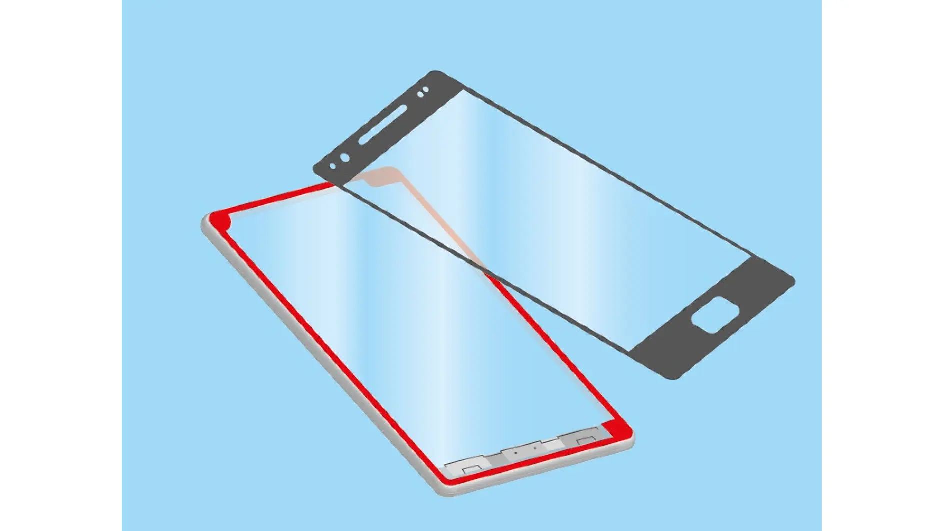Illustration of a smartphone with a screen protector being applied. The phone is on a light blue background, with the protector partially aligned over the screen using tesa tape. (This text has been generated by AI)