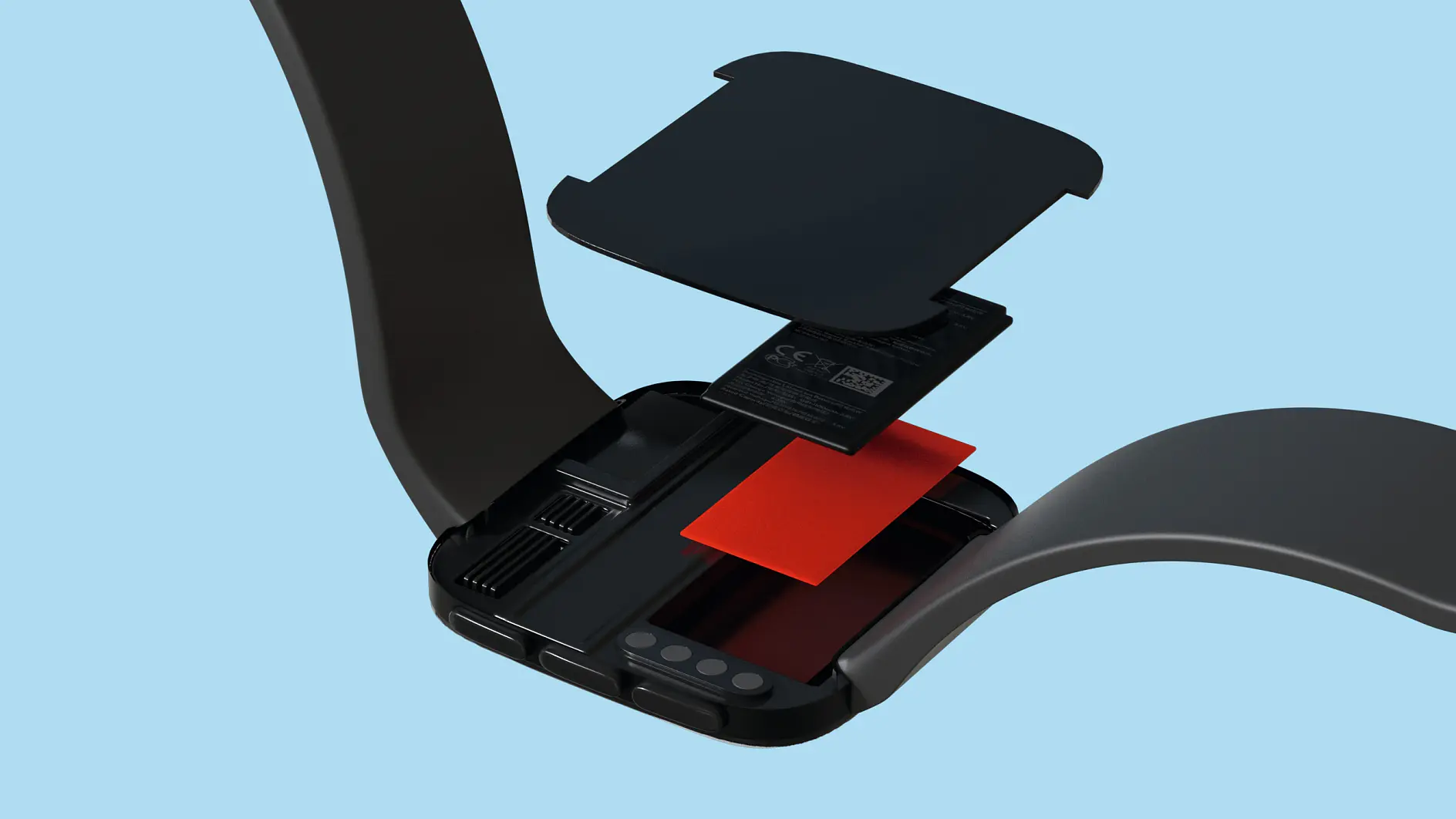 Exploded view of a device with black and red components, featuring a battery being inserted into its compartment. The device has two dark, curved bands on either side, set against a light blue background. (This text has been generated by AI)