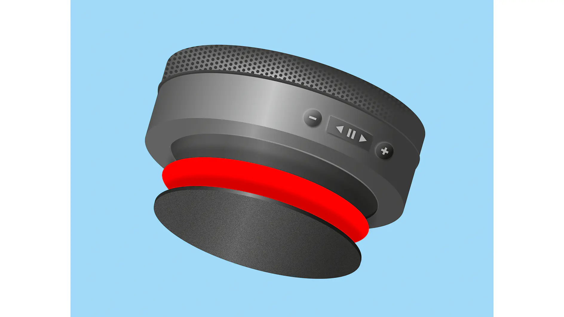 An illustration of a gray smart speaker with a cylindrical shape on a light blue background. The speaker has a red glowing ring at the base, with control buttons for volume and play/pause on the side, all seamlessly integrated for an enhanced user experience with tesa tape ensuring everything holds perfectly in place. (This text has been generated by AI)