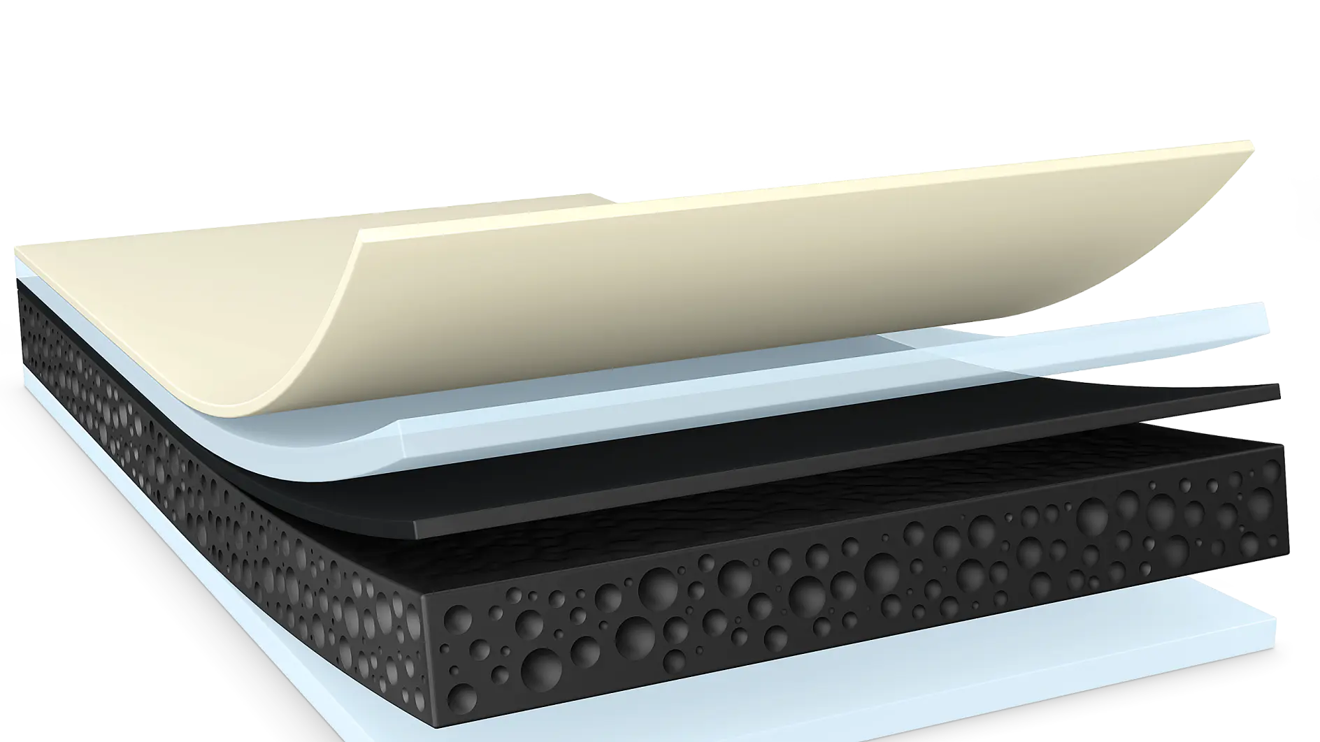 A digital rendering of a multi-layered material features various components: a top beige sheet, followed by a transparent layer, a black layer with a bubble texture, and additional blue and white layers beneath. These layers are partially separated using tesa tape. (This text has been generated by AI)