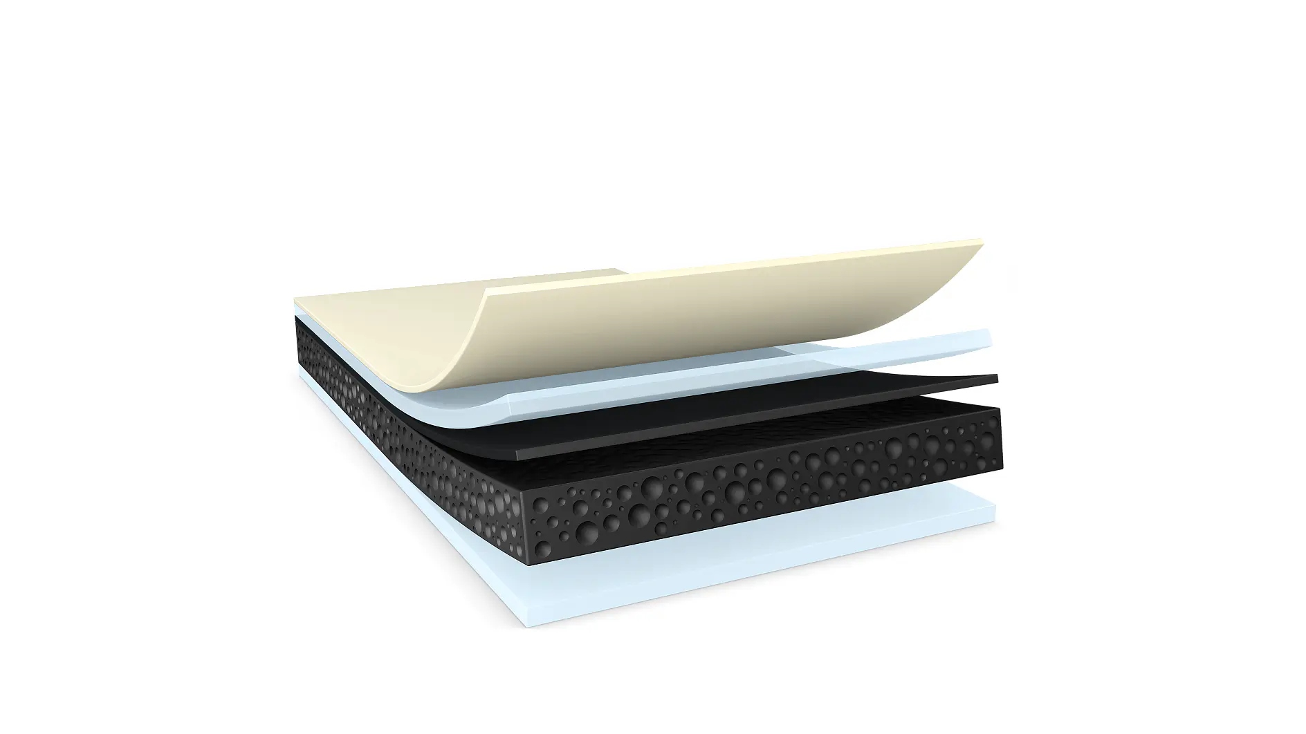 A digital rendering of a multi-layered material features various components: a top beige sheet, followed by a transparent layer, a black layer with a bubble texture, and additional blue and white layers beneath. These layers are partially separated using tesa tape. (This text has been generated by AI)