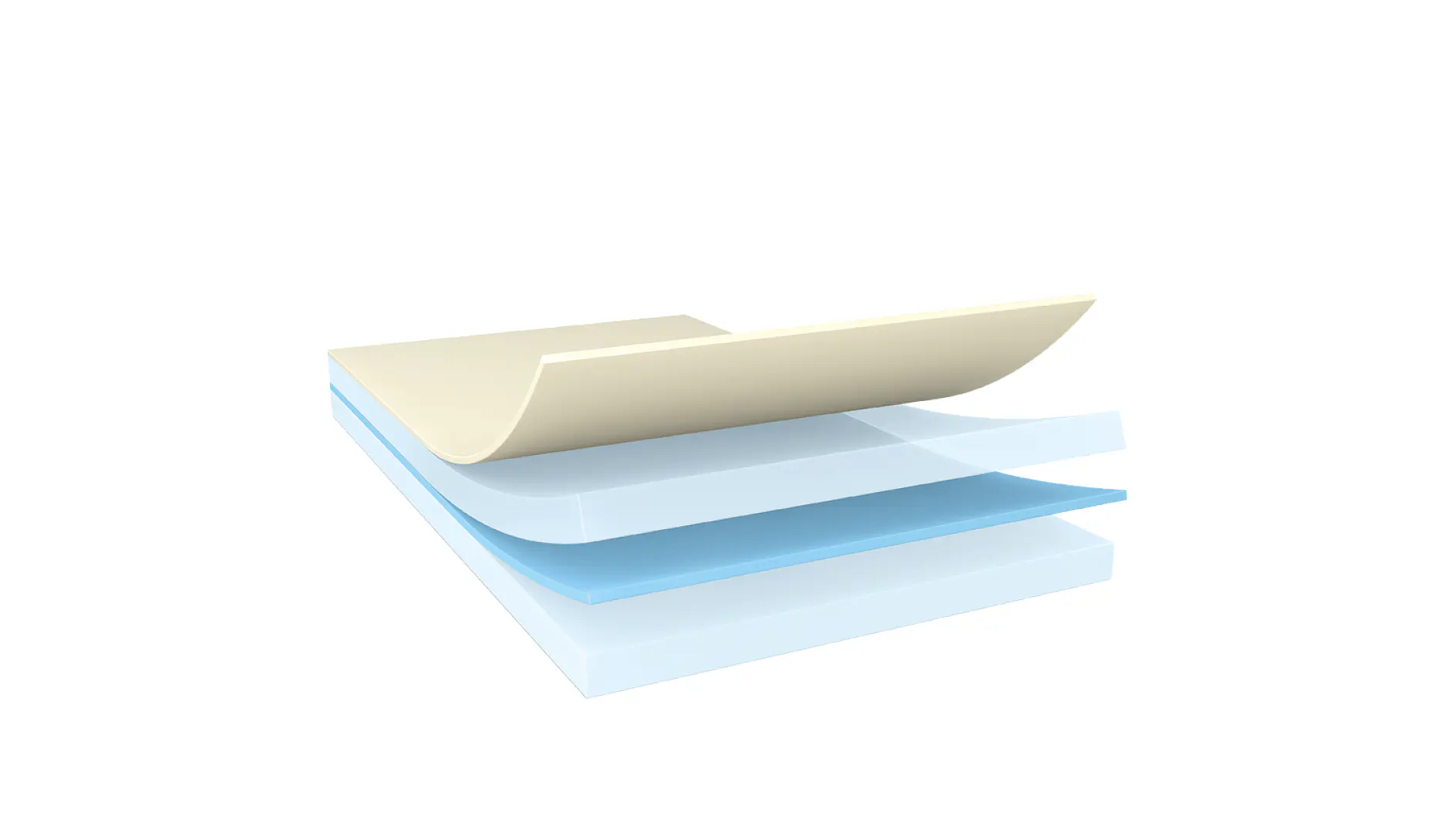 A digital illustration depicting a cross-sectional view of layered material. The top layer is beige and slightly curved. Below it are two blue layers. A small yellow block is positioned at the bottom right, secured with tesa tape. (This text has been generated by AI)