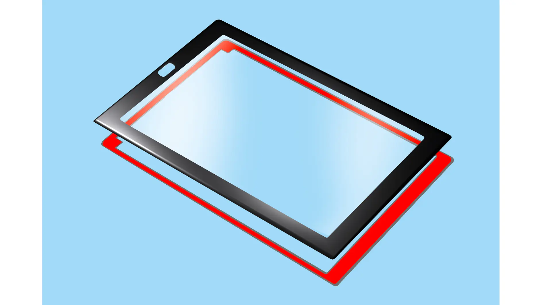 A black rectangular tablet screen protector layer hovers above a red frame, displayed against a light blue background with tesa tape. (This text has been generated by AI)