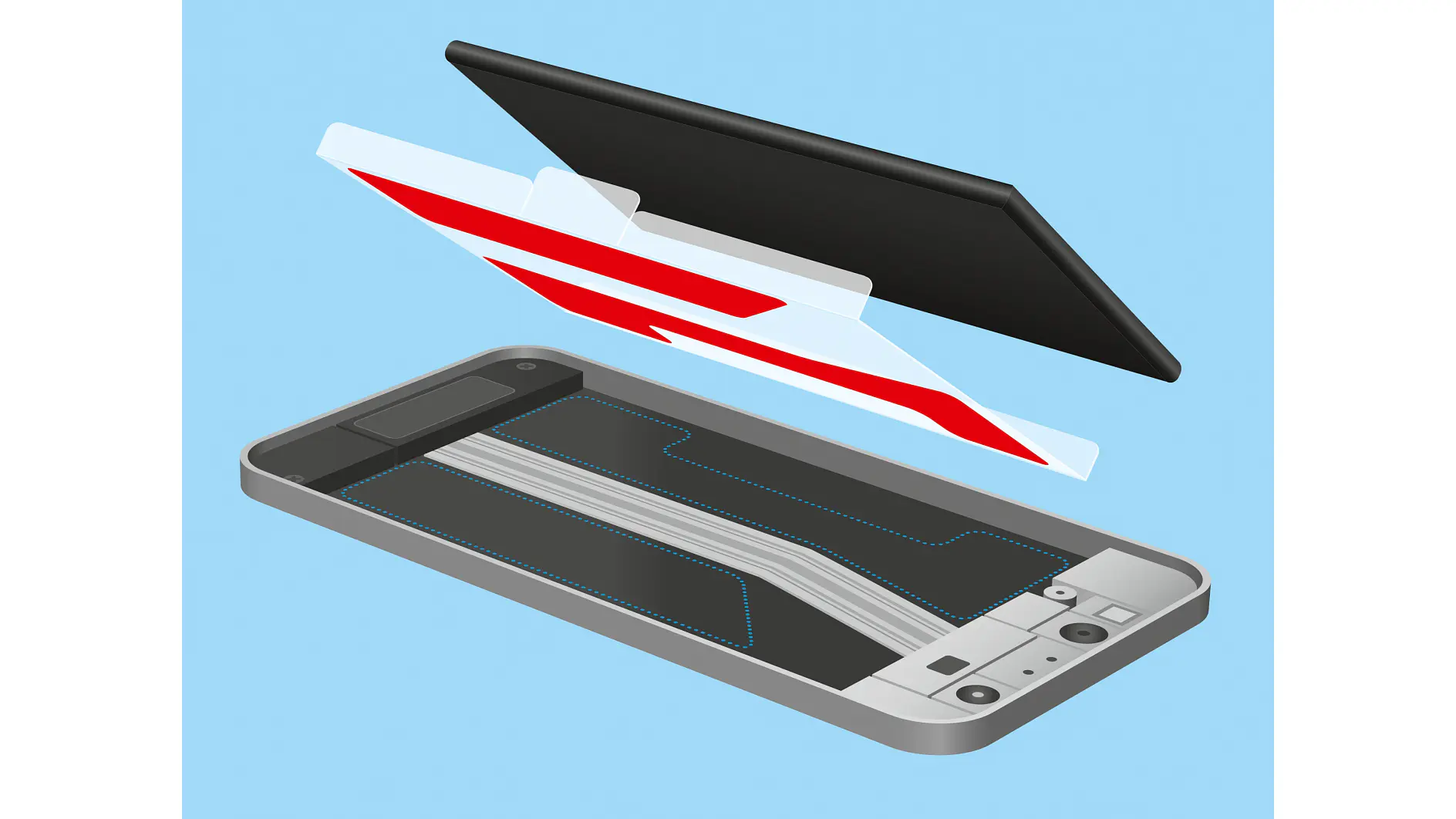An illustration of a smartphone with its components separated. The back cover is lifted to reveal internal parts, including a camera and circuitry. A red layer, resembling tesa tape, is also detached, floating above the phone. The background is light blue. (This text has been generated by AI)