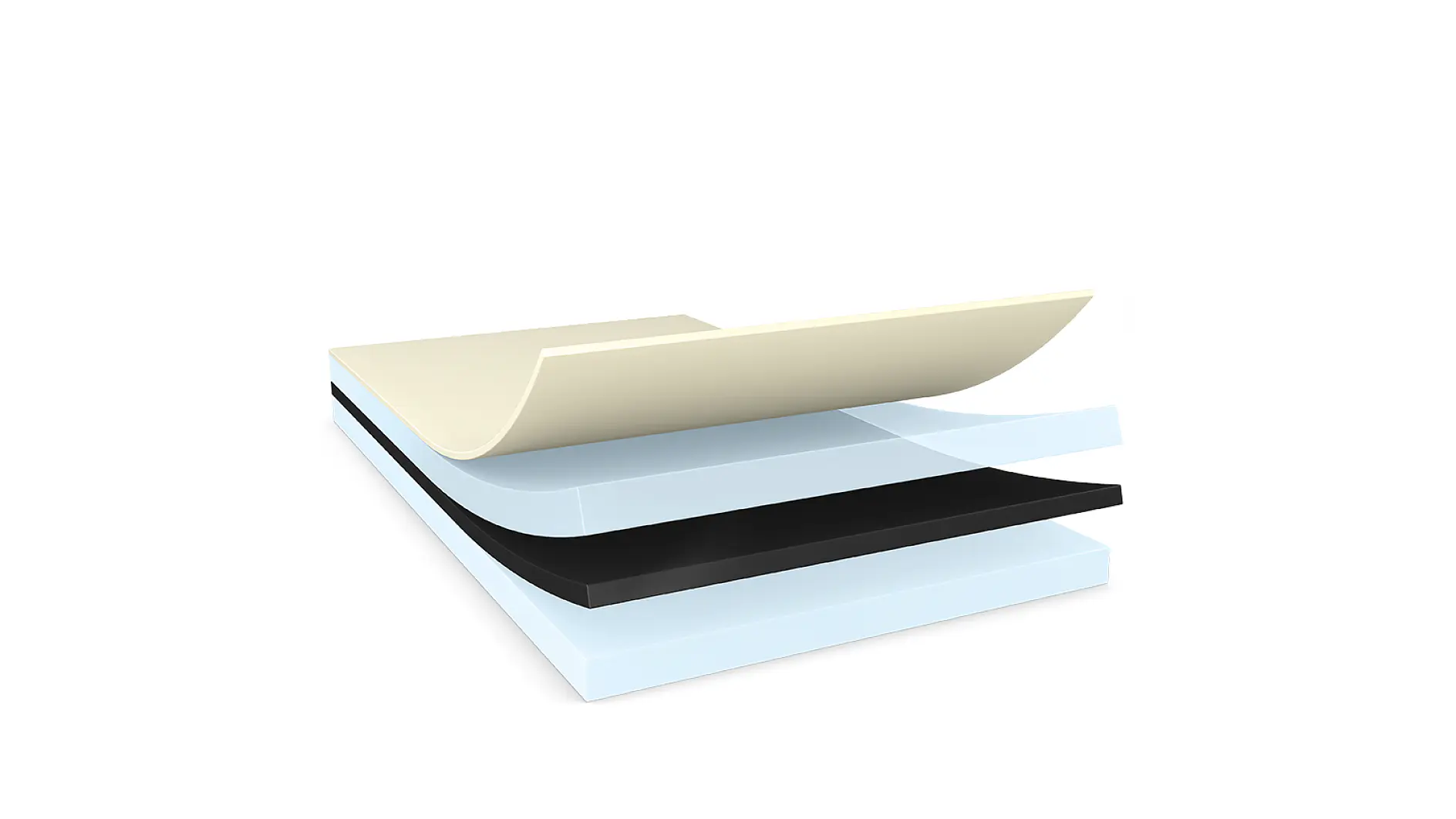 A 3D rendering of four stacked, overlapping layers using tesa tape. The top layer is beige and curved, followed by a light blue layer, a black layer, and a slightly transparent blue layer at the bottom. (This text has been generated by AI)