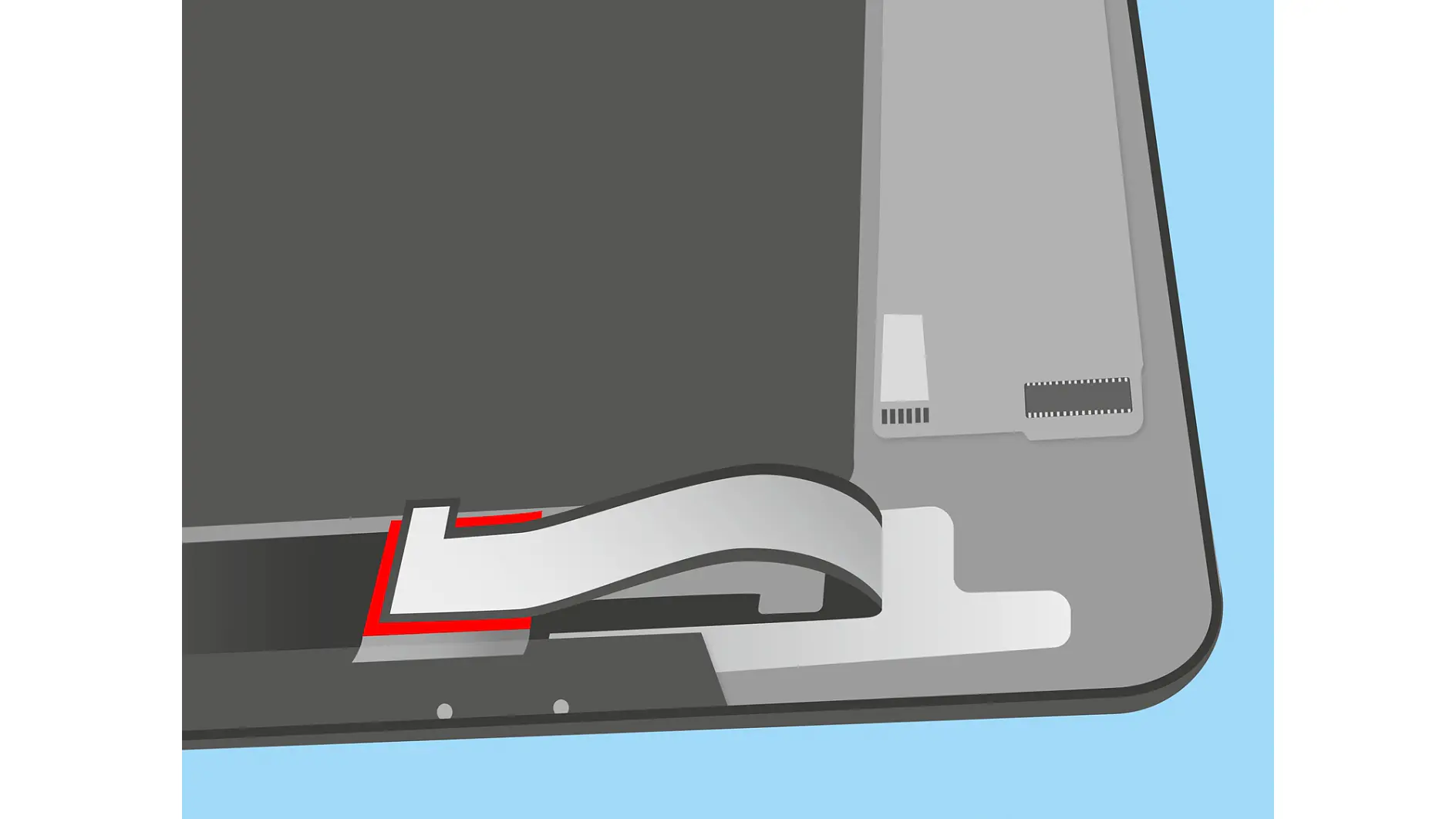 Illustration showing a close-up of a tablets internal components. A ribbon cable connects to the devices main board, with part of the tablet casing partially transparent to reveal the connection details secured with tesa tape. The background is light blue. (This text has been generated by AI)