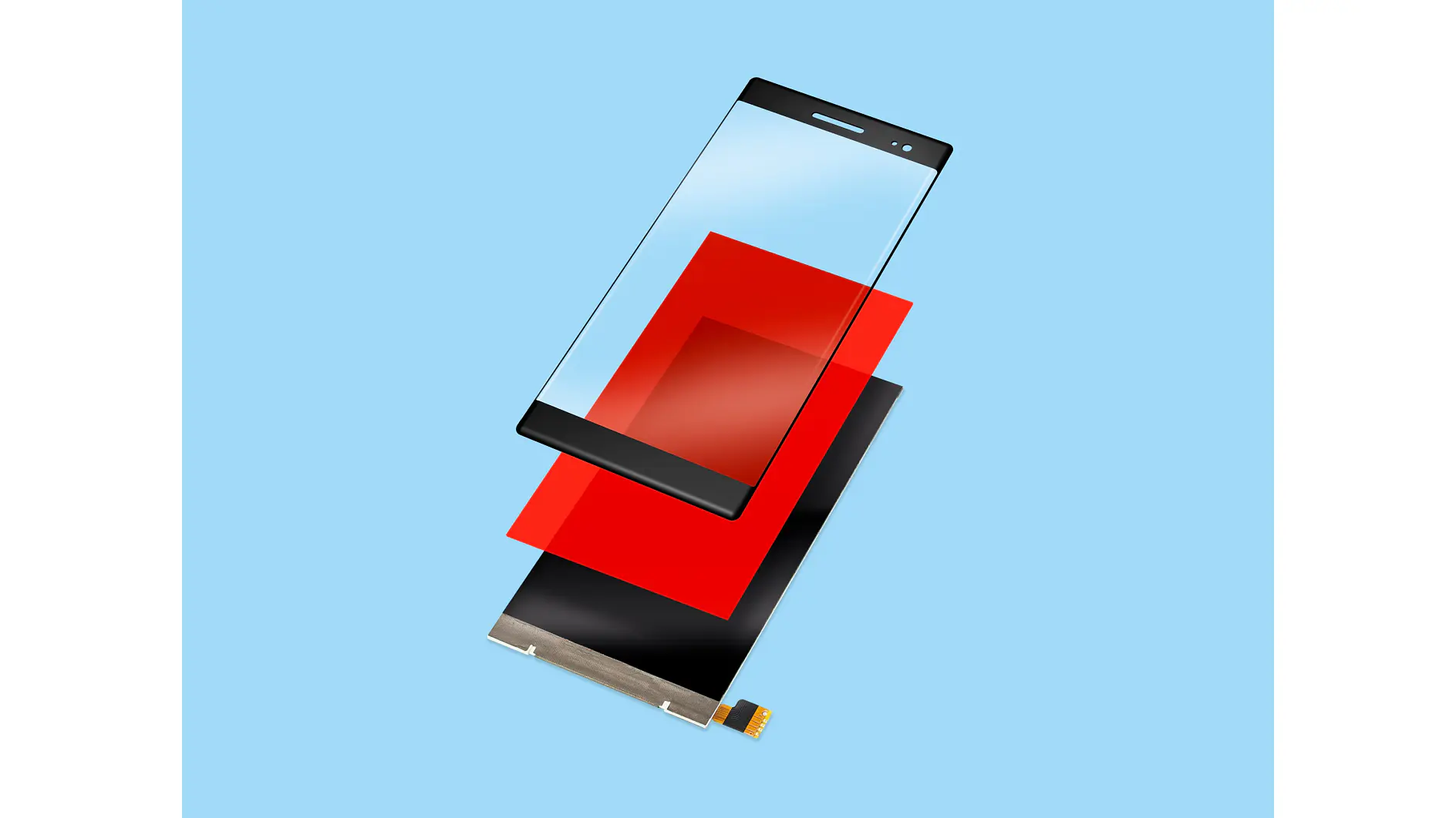 Exploded view of a smartphone screen assembly on a light blue background, showing separated components: a transparent glass screen secured with tesa tape, a red protective layer, and a black display panel. (This text has been generated by AI)