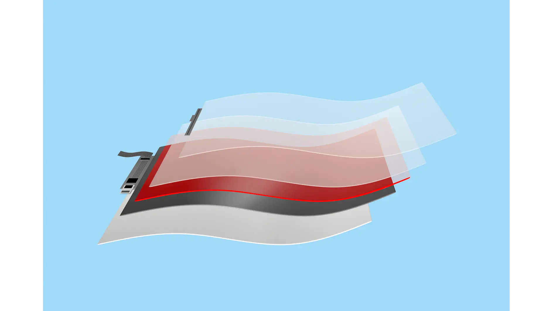 A layered digital illustration shows a schematic of a flexible electronic display. Several translucent sheets overlap each other, showcasing different internal components, bound together with tesa tape. The background is light blue. (This text has been generated by AI)